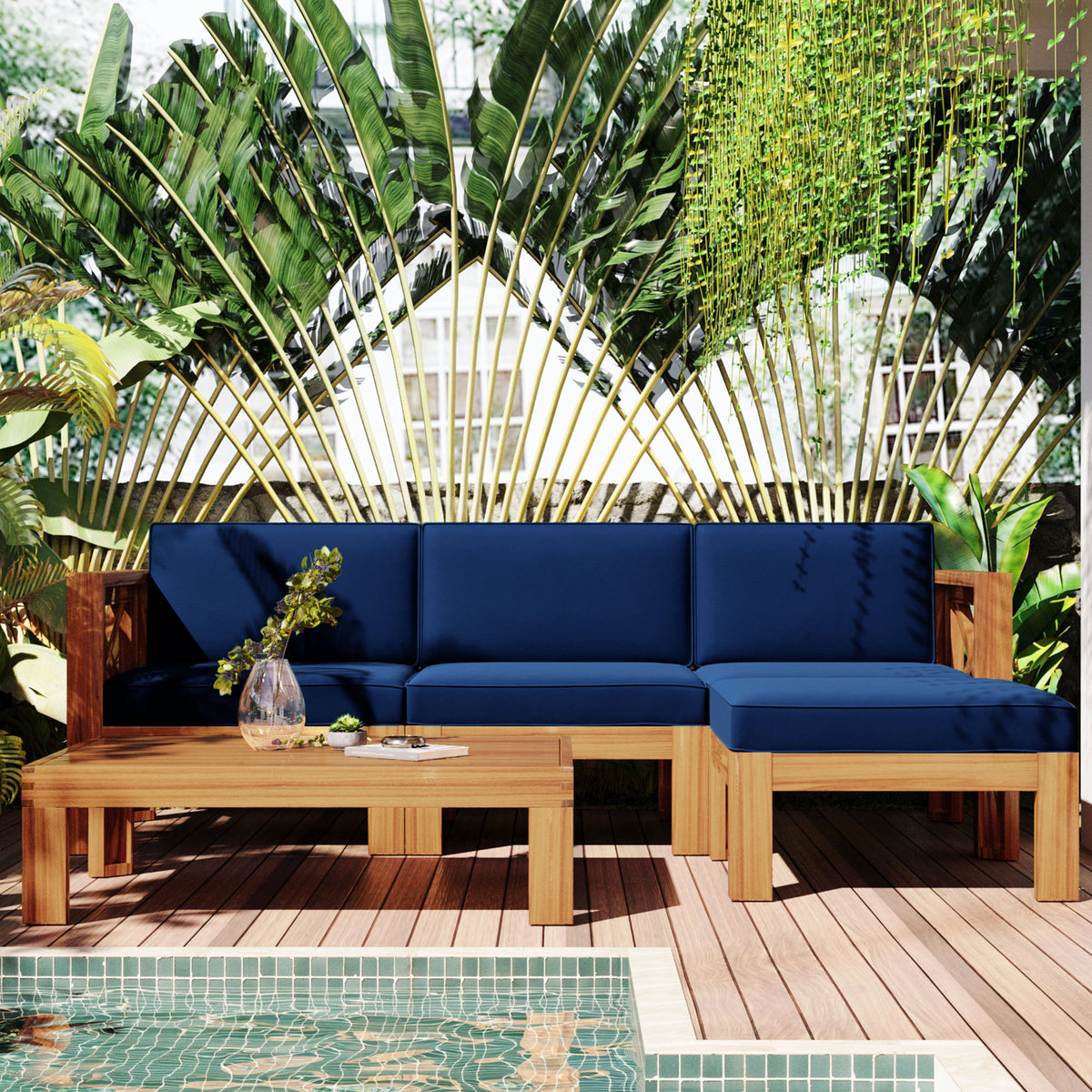 Natural Solid Wood 5-Piece Outdoor Sectional Set with Cushions