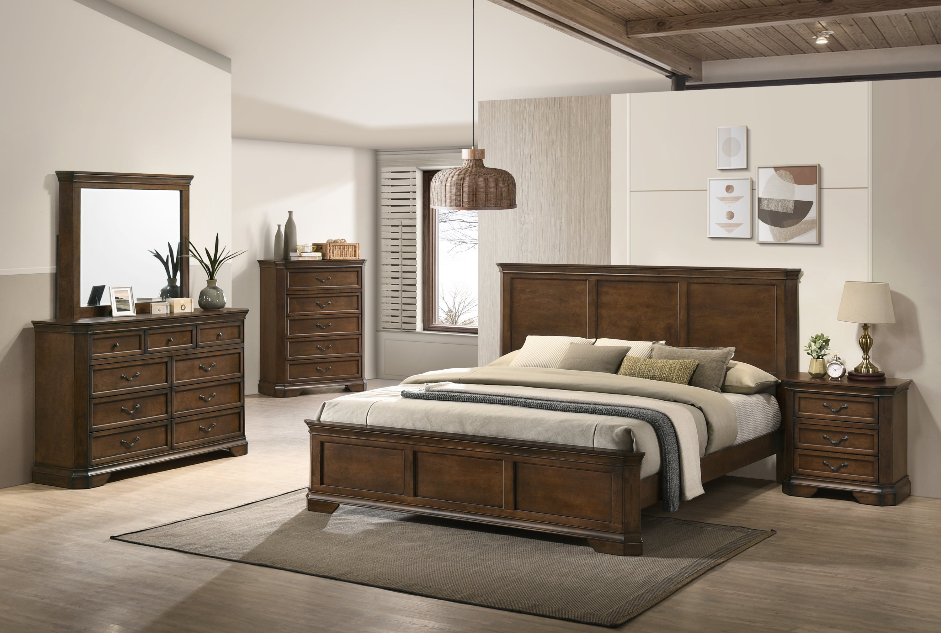 5-Piece Queen Bedroom Set: Solid Wood Panel Bed, Dresser, Chest