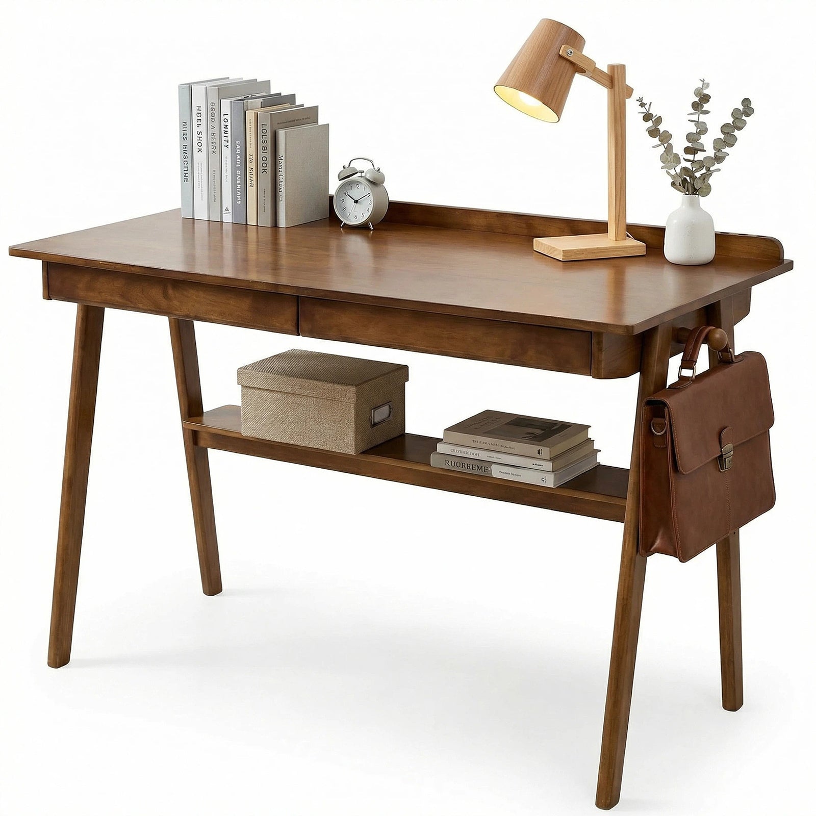 Mid-Century Solid Wood Desk, 2 Drawers, 47.2 in, Walnut