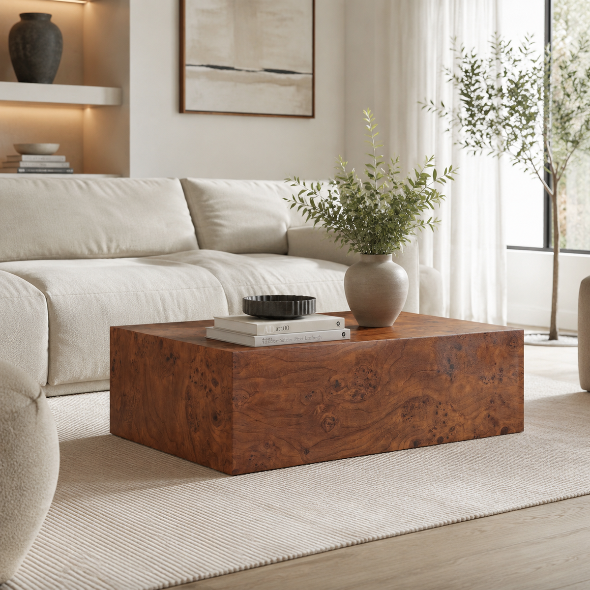 Walnut Burl-Look Rectangular Plinth Coffee Table, 39.4 in