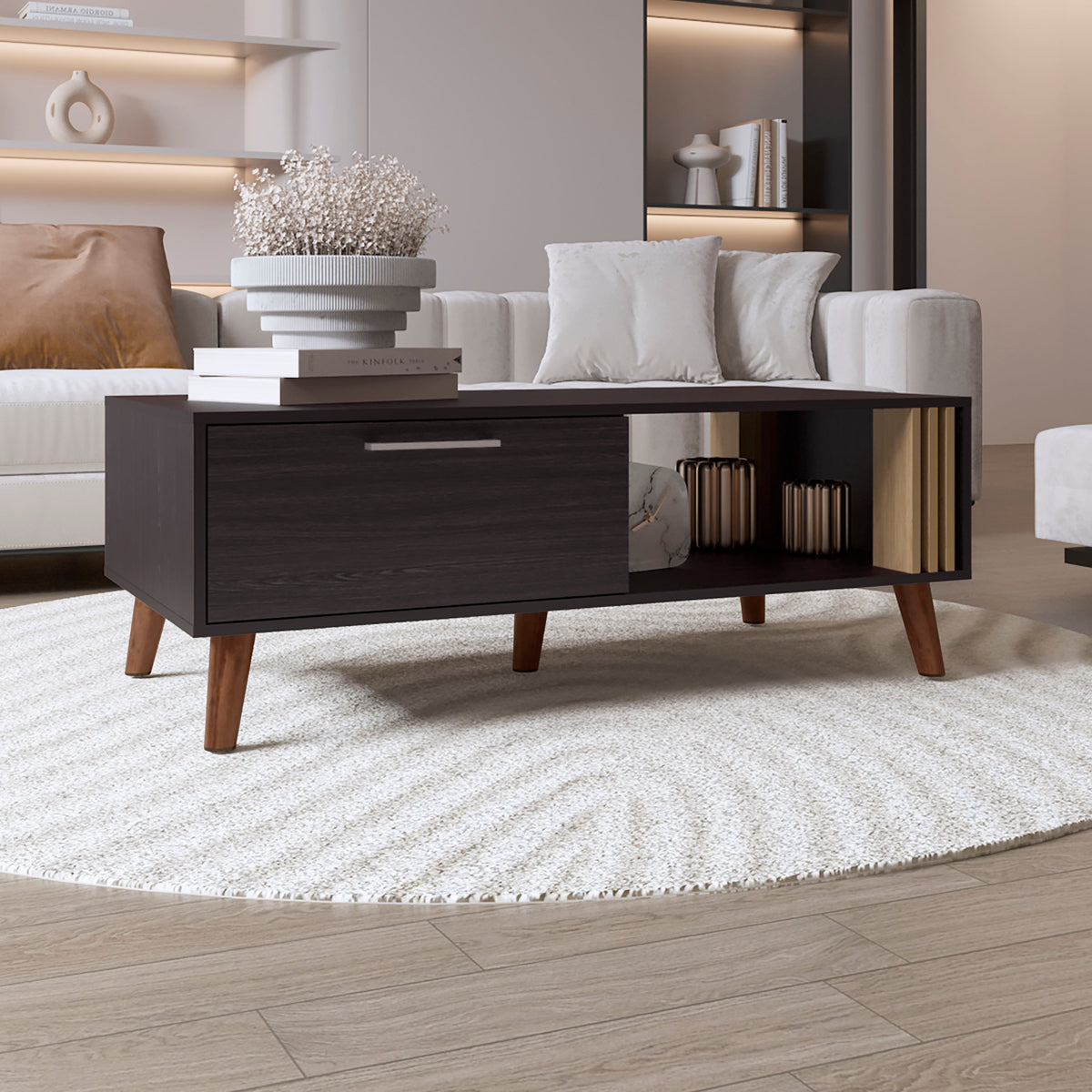 Espresso Mid-Century Rectangular Coffee Table with Storage, 47 in