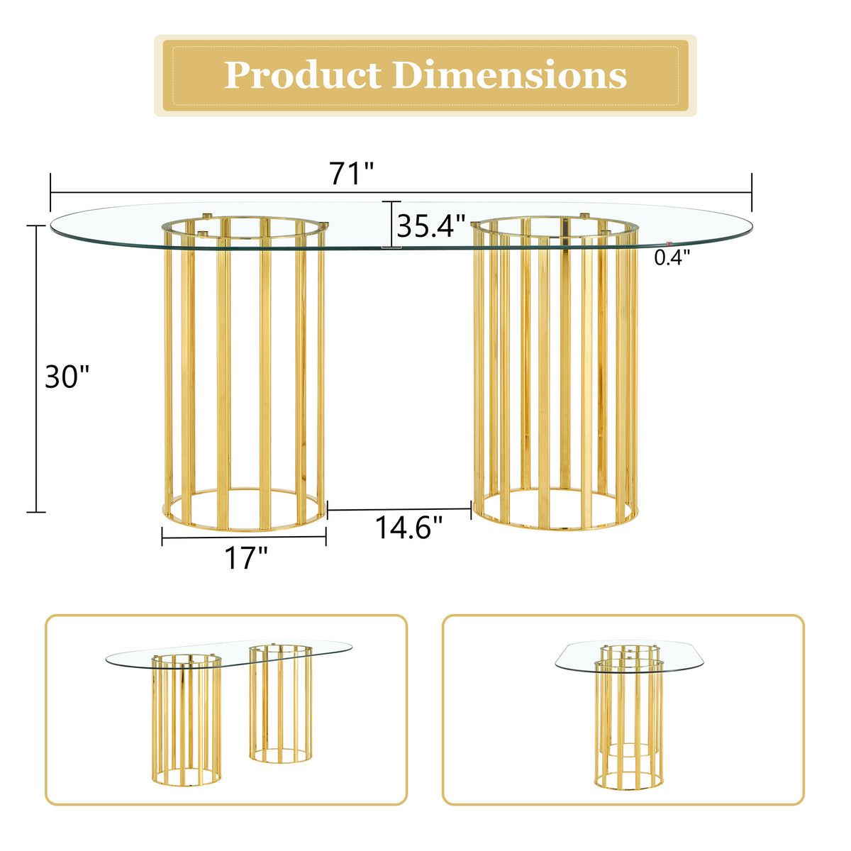 Dimension diagram of the oval glass dining table showing 71 inch length, 35.4 inch width, and 30 inch height