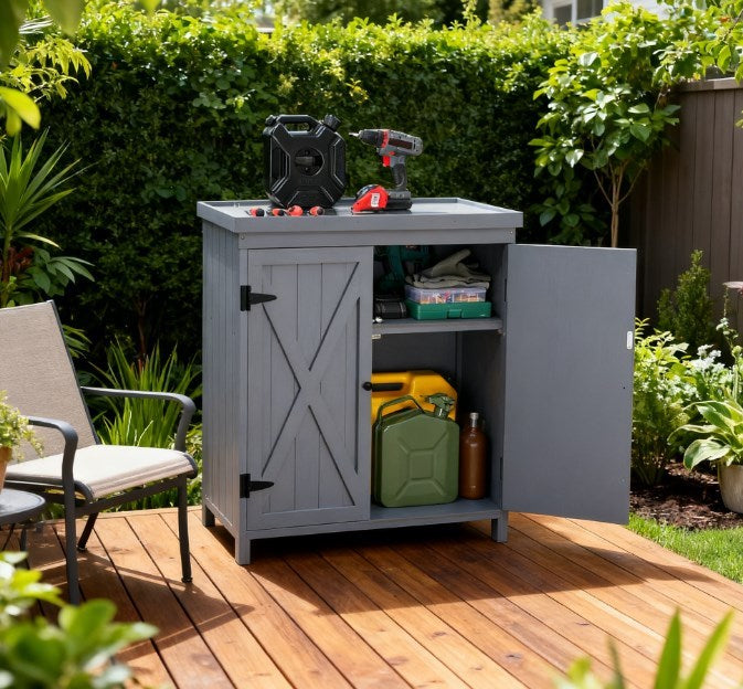 Gray Solid Wood Outdoor Storage Cabinet, with Shelves