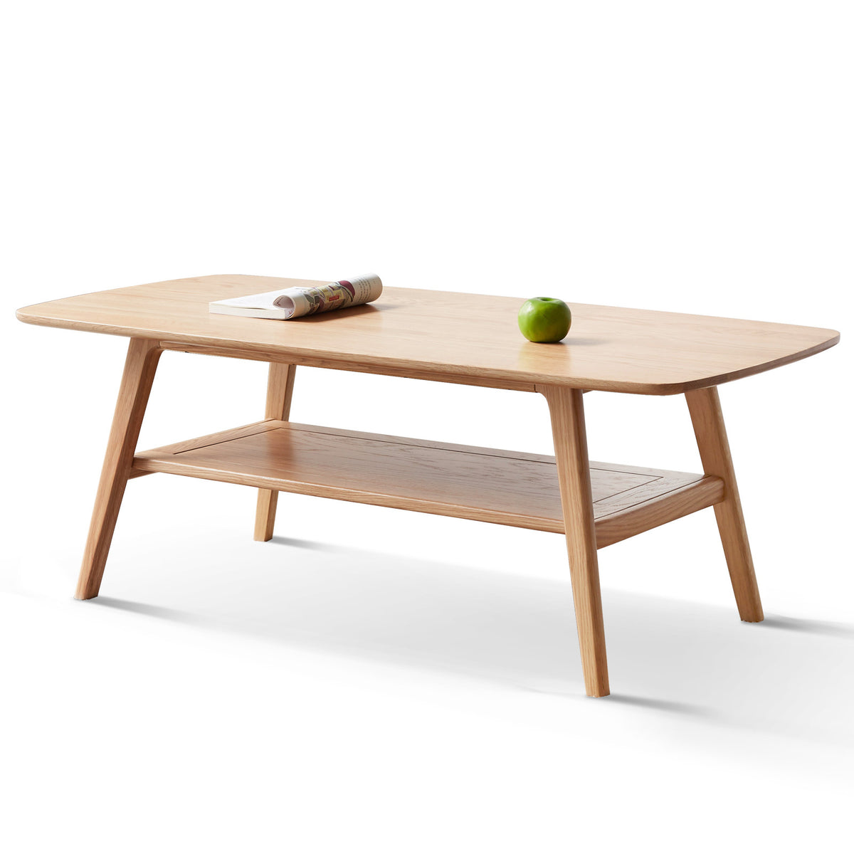 Oak Solid Wood Mid-Century Coffee Table with Shelf, 39.4 in