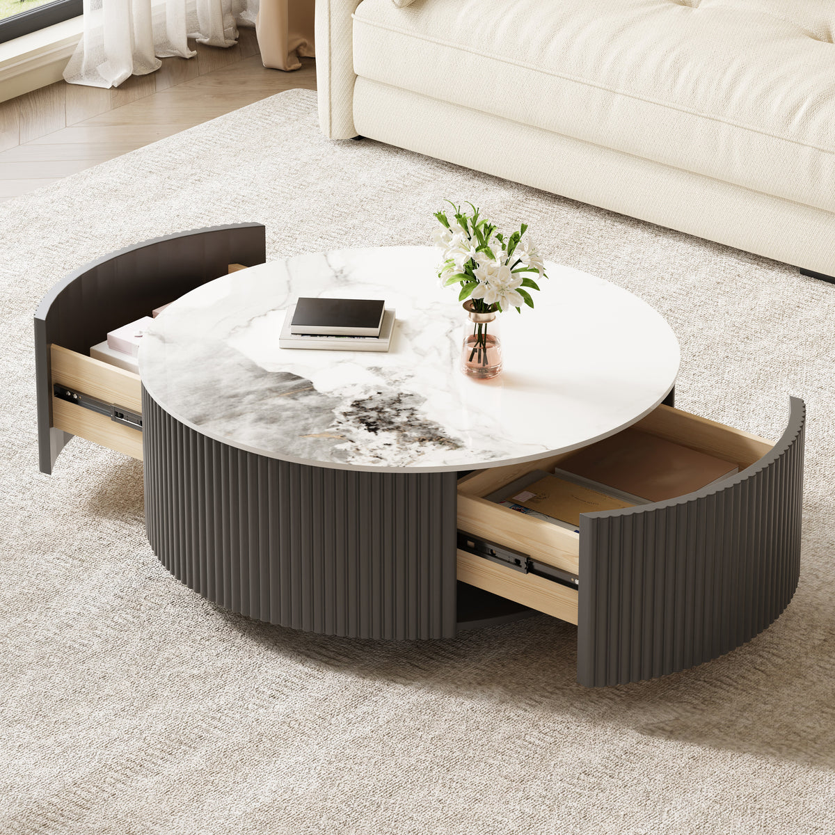 Gray Sintered Stone Fluted Round Coffee Table with Drawers, 29.5 in