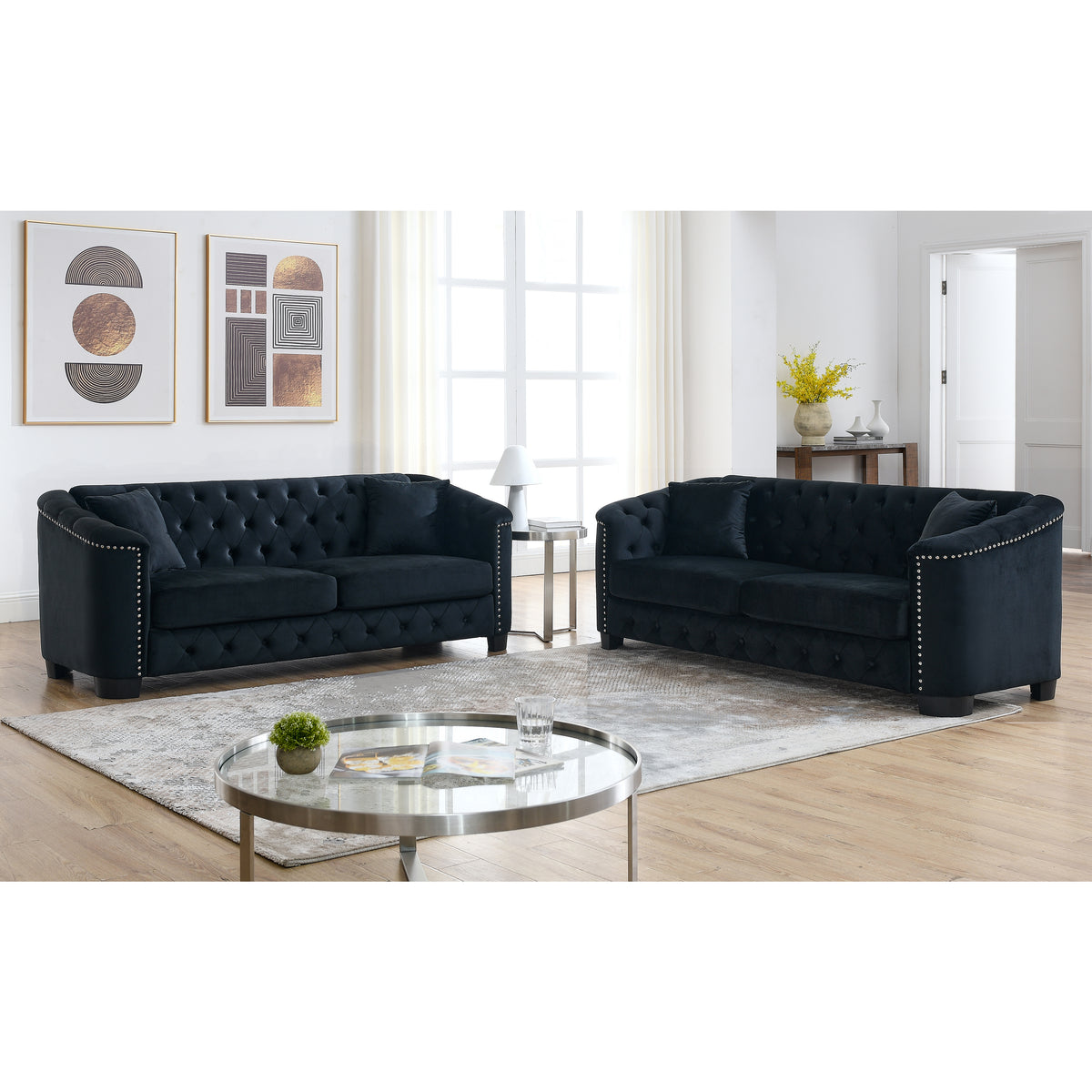 Black Velvet 6-Seat Tufted Chesterfield Sofa, Deep Seat
