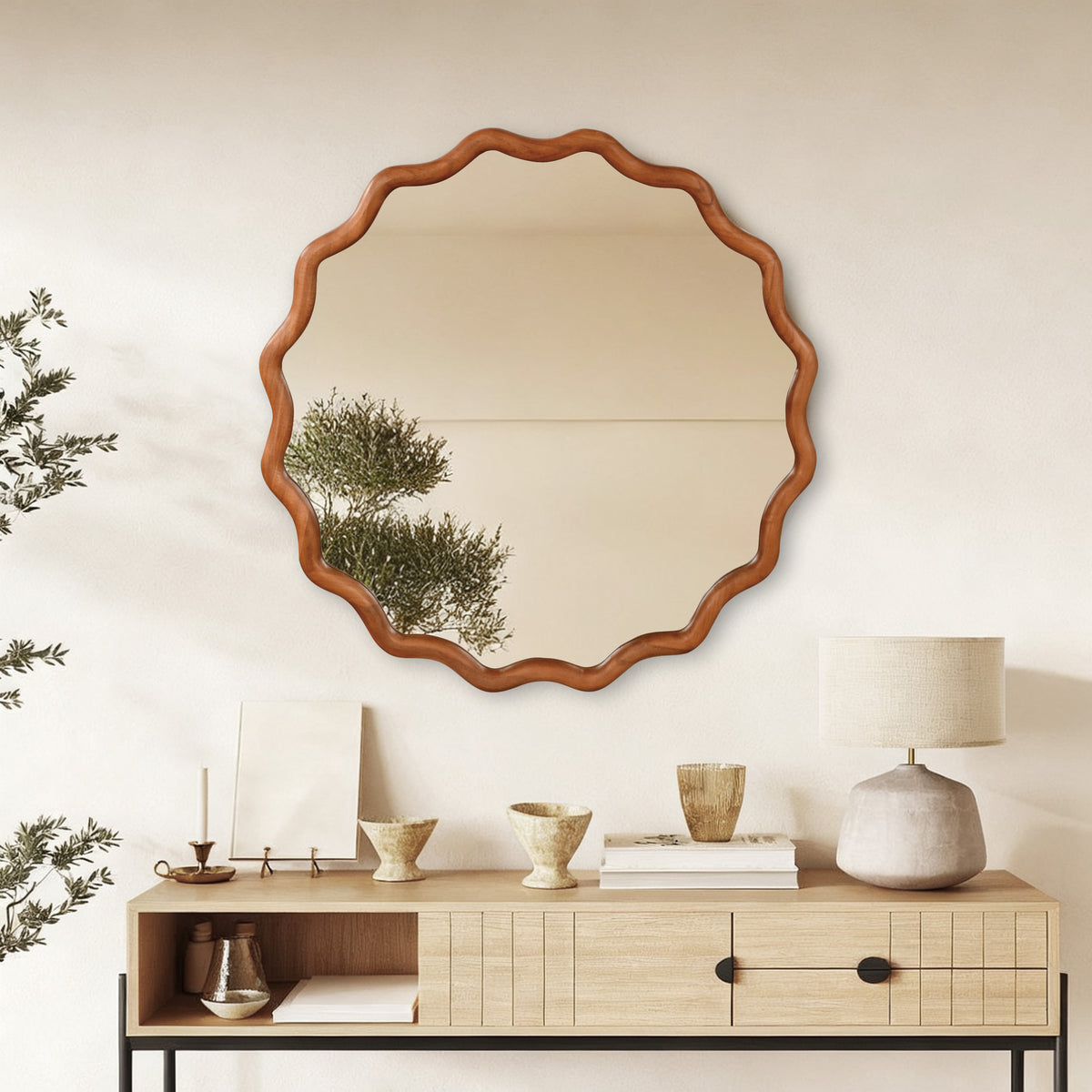 36 Inch Wavy Mirror, Solid Wood Frame, Yellow Brown