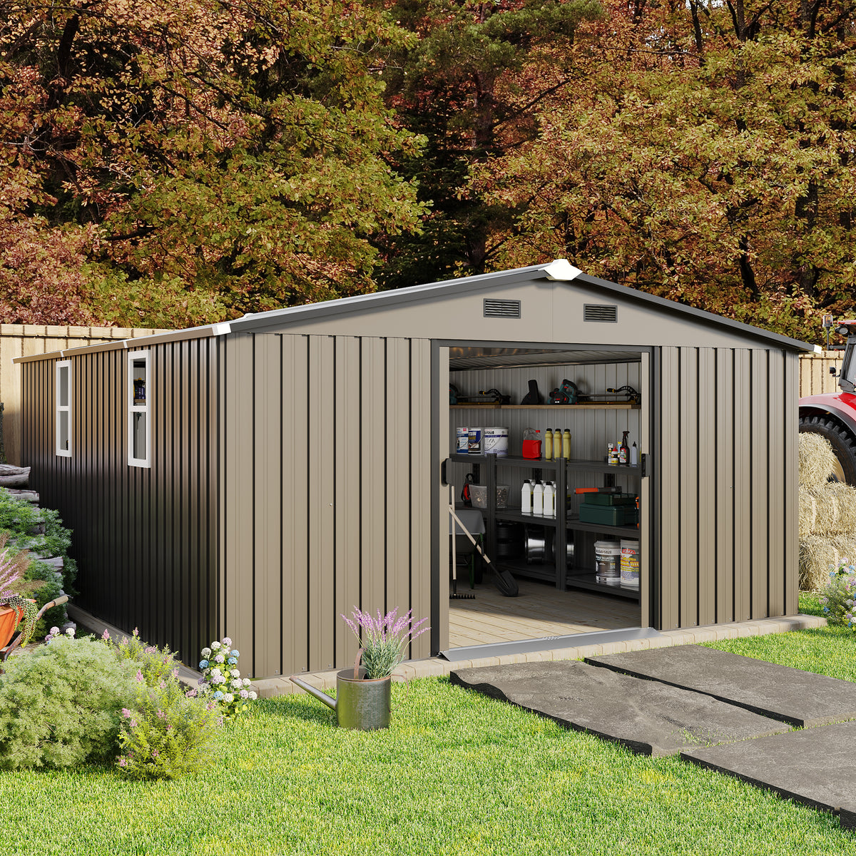 10x12 ft Brown Metal Storage Shed with Windows