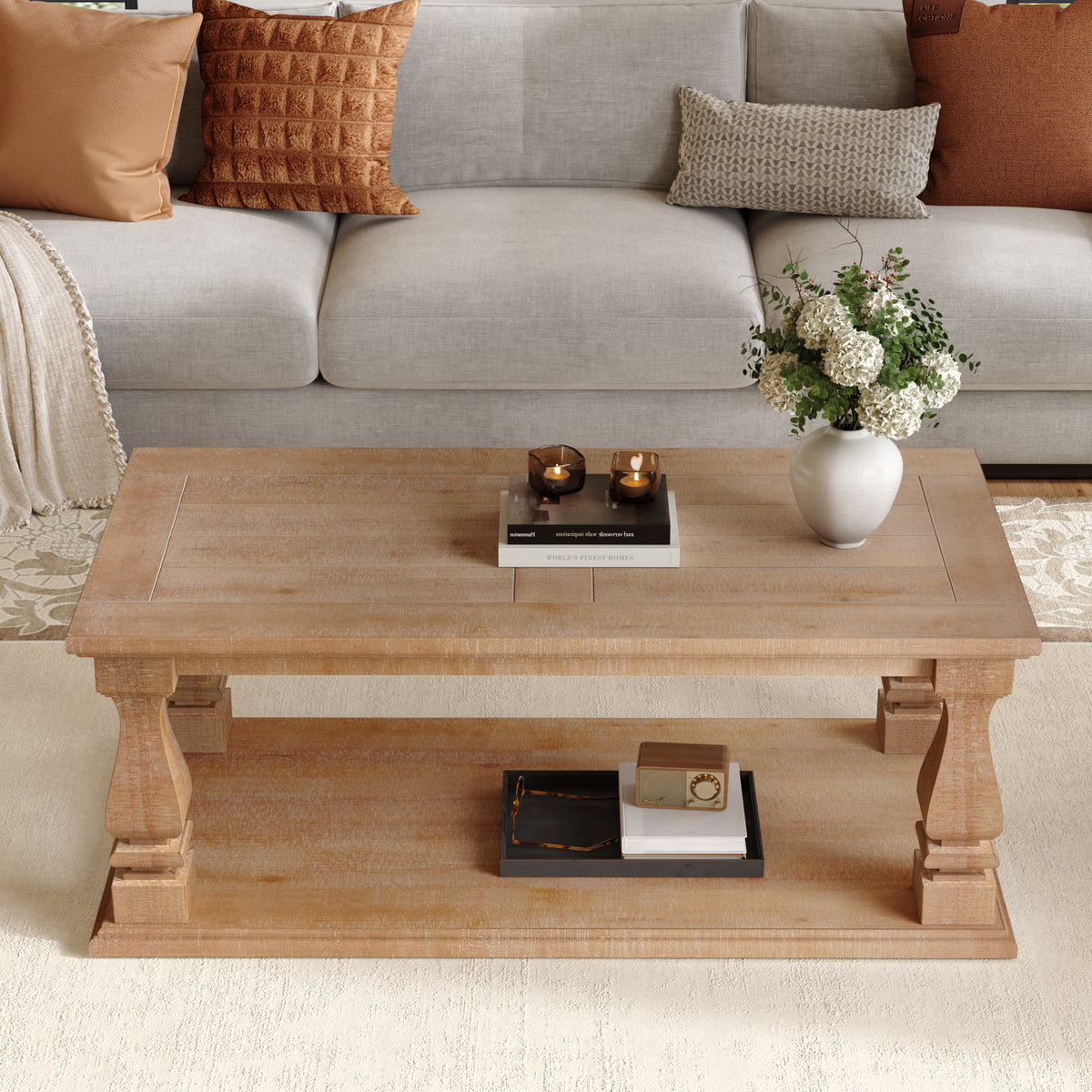 Natural Farmhouse Baluster-Leg Coffee Table with Shelf, 47.2 in