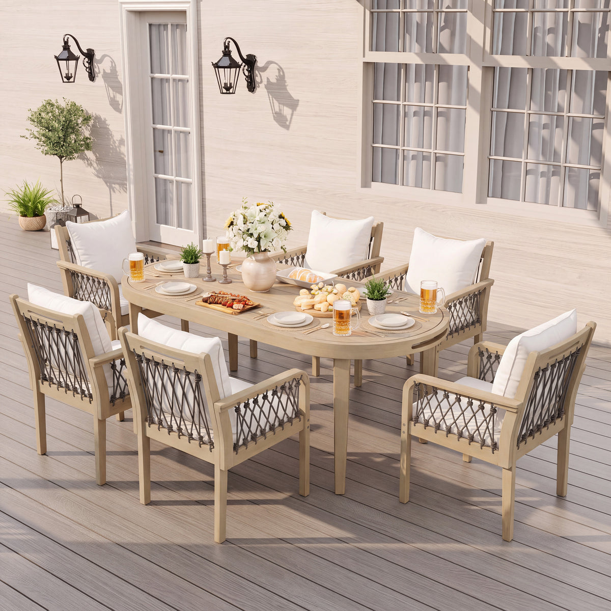 Teak Finish Solid Wood 7-Piece Patio Dining Set for 6 with Beige Cushions