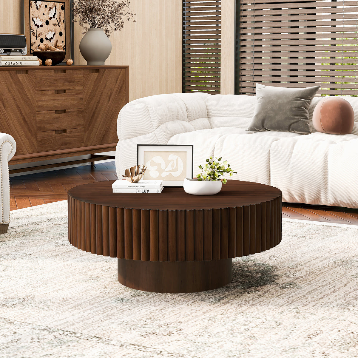 Walnut Fluted Round Drum Coffee Table, 31.5 in