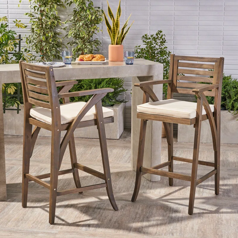 Gray Solid Wood Outdoor Bar Stool with Cushions, Set of 2, 29 in Seat
