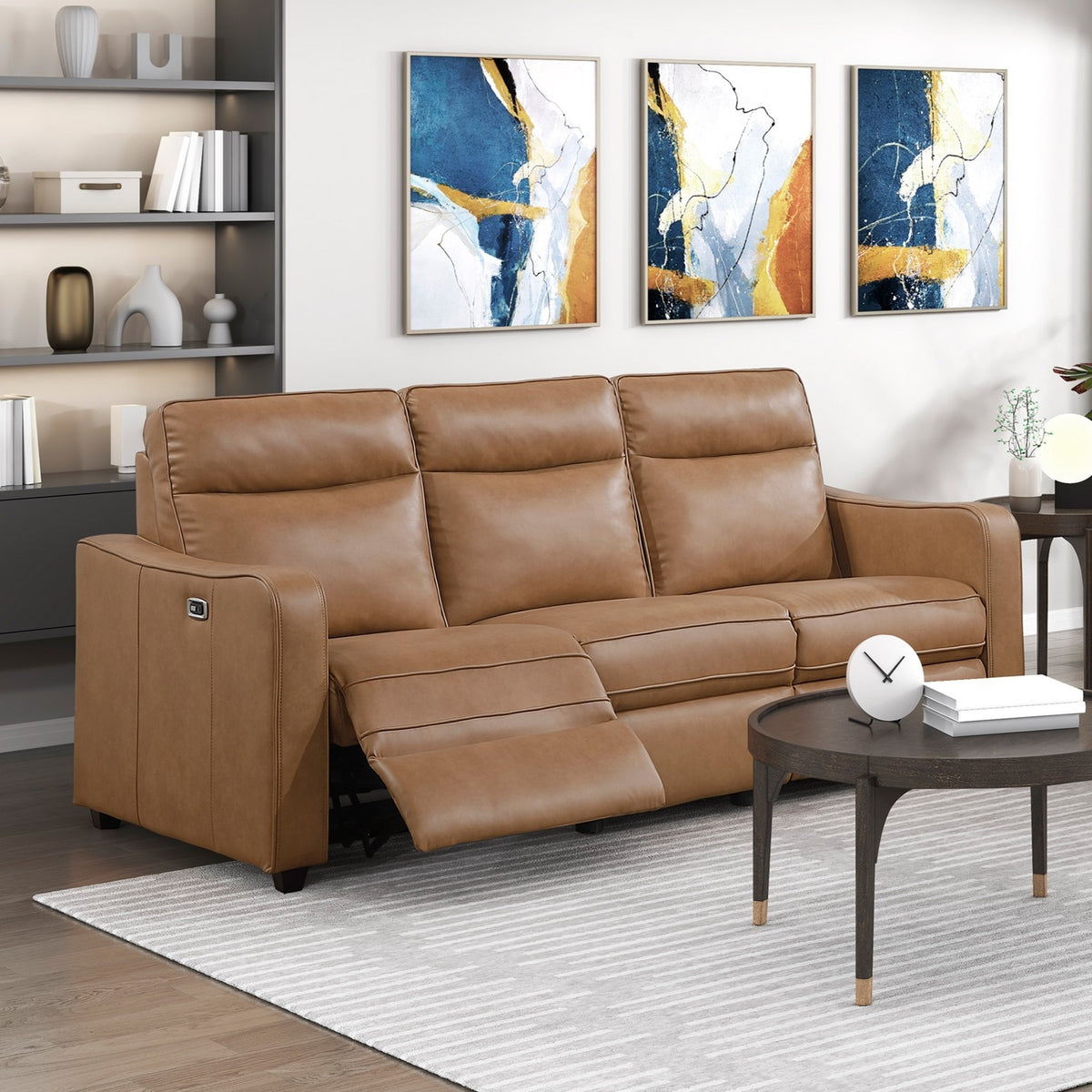 Brown Vegan Leather Power Reclining Sofa, Curved Track Arms