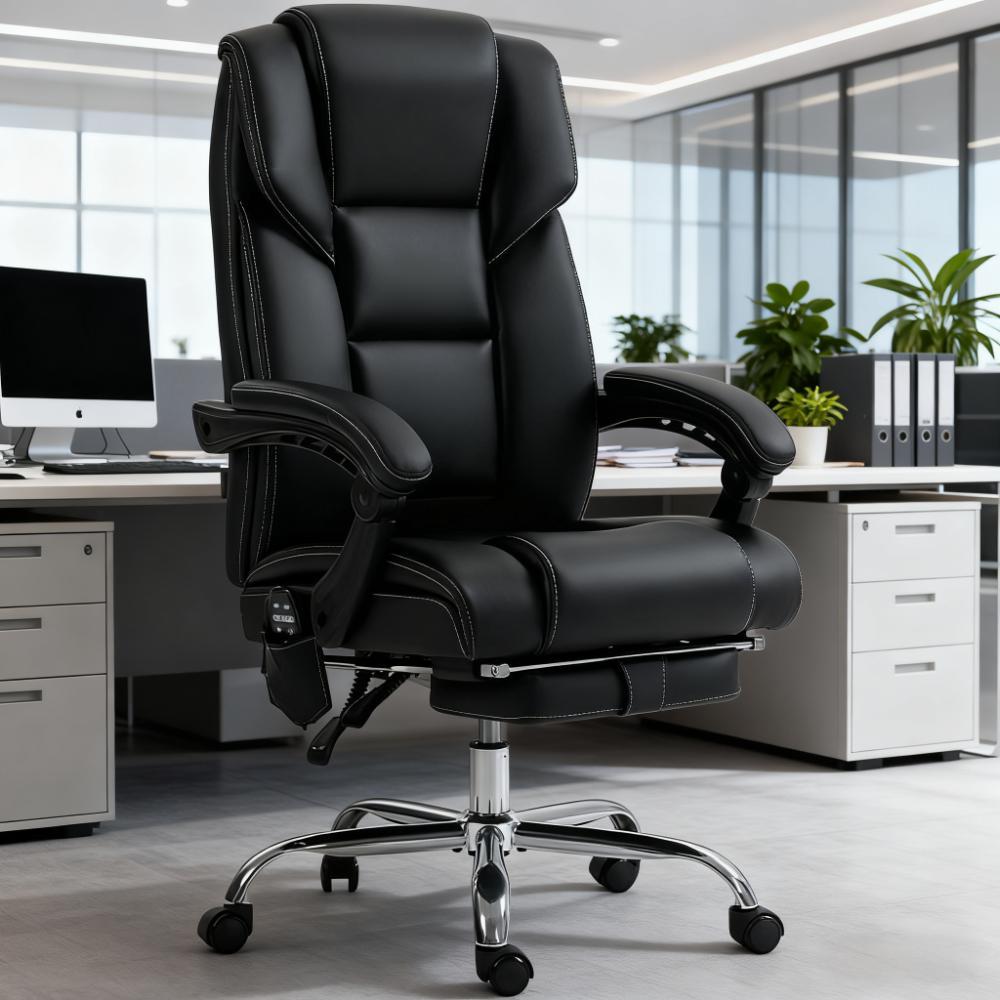 Black Vegan Leather Office Chair, Massage, Reclining, 265 lb