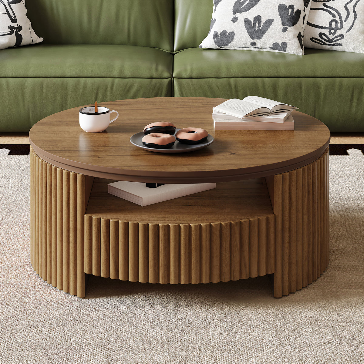 Walnut Fluted Round Drum Coffee Table with Drawers, 30.3 in, 14.2 in Tall