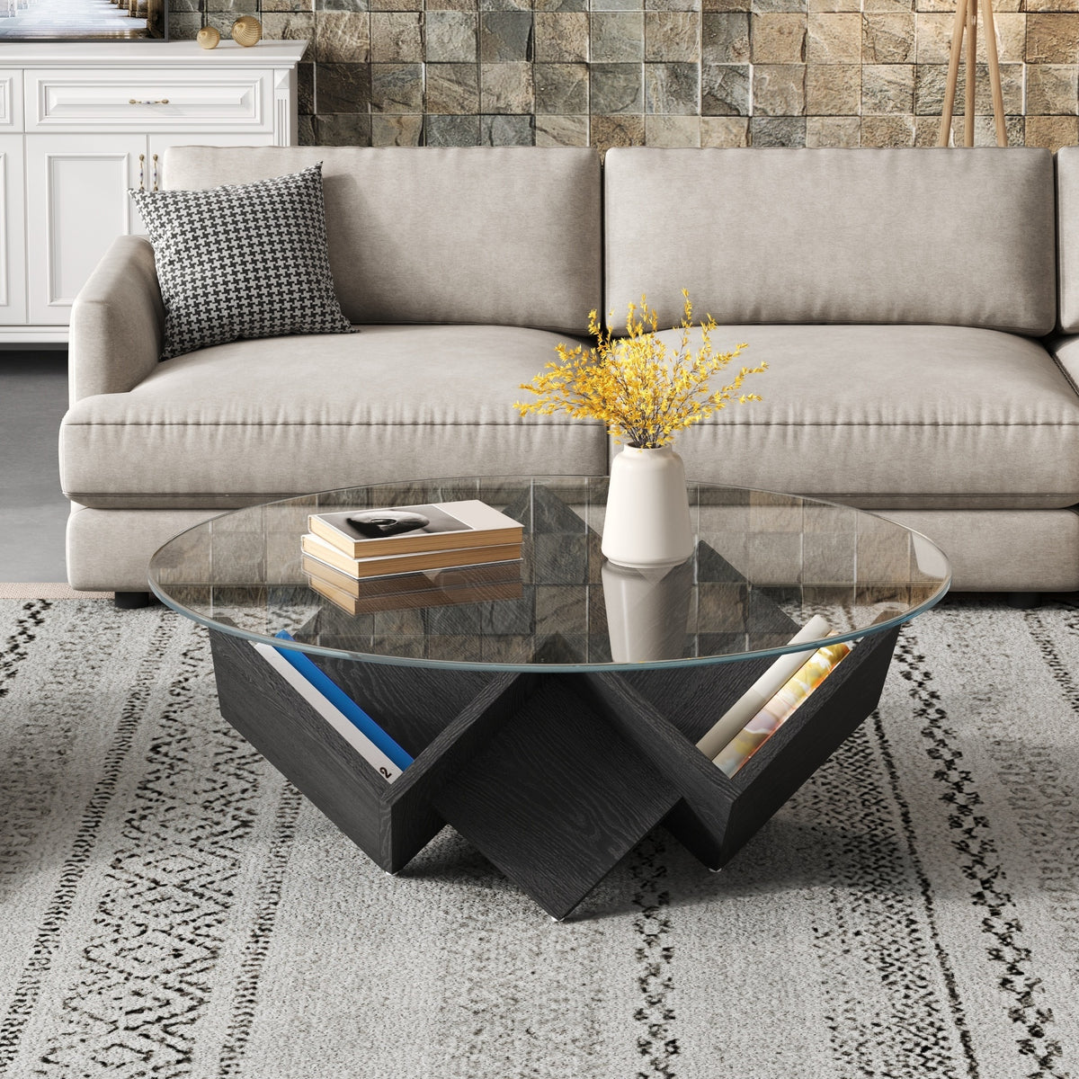 Black Round Glass-Top Geometric Coffee Table with Storage, 35.4 in