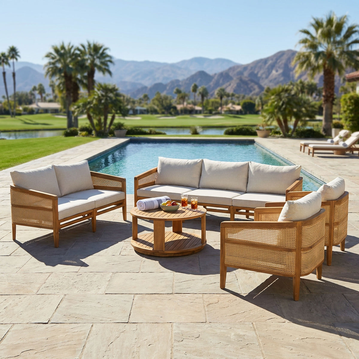 Brown Solid Wood 5-Piece Outdoor Sofa Set for 7 with Beige Cushions