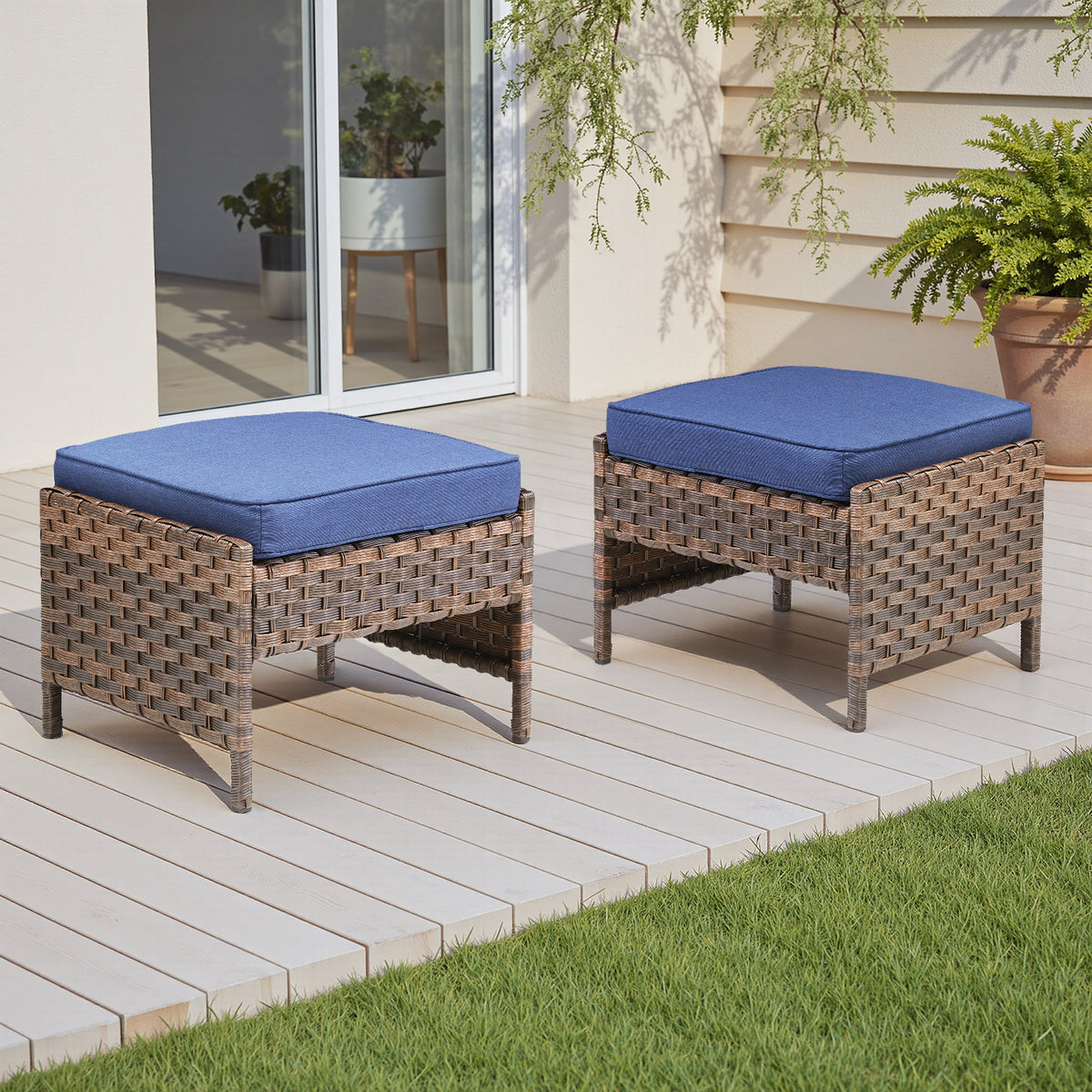 Wicker Outdoor Ottoman with Blue Cushions, Set of 2, 14.4 in Tall