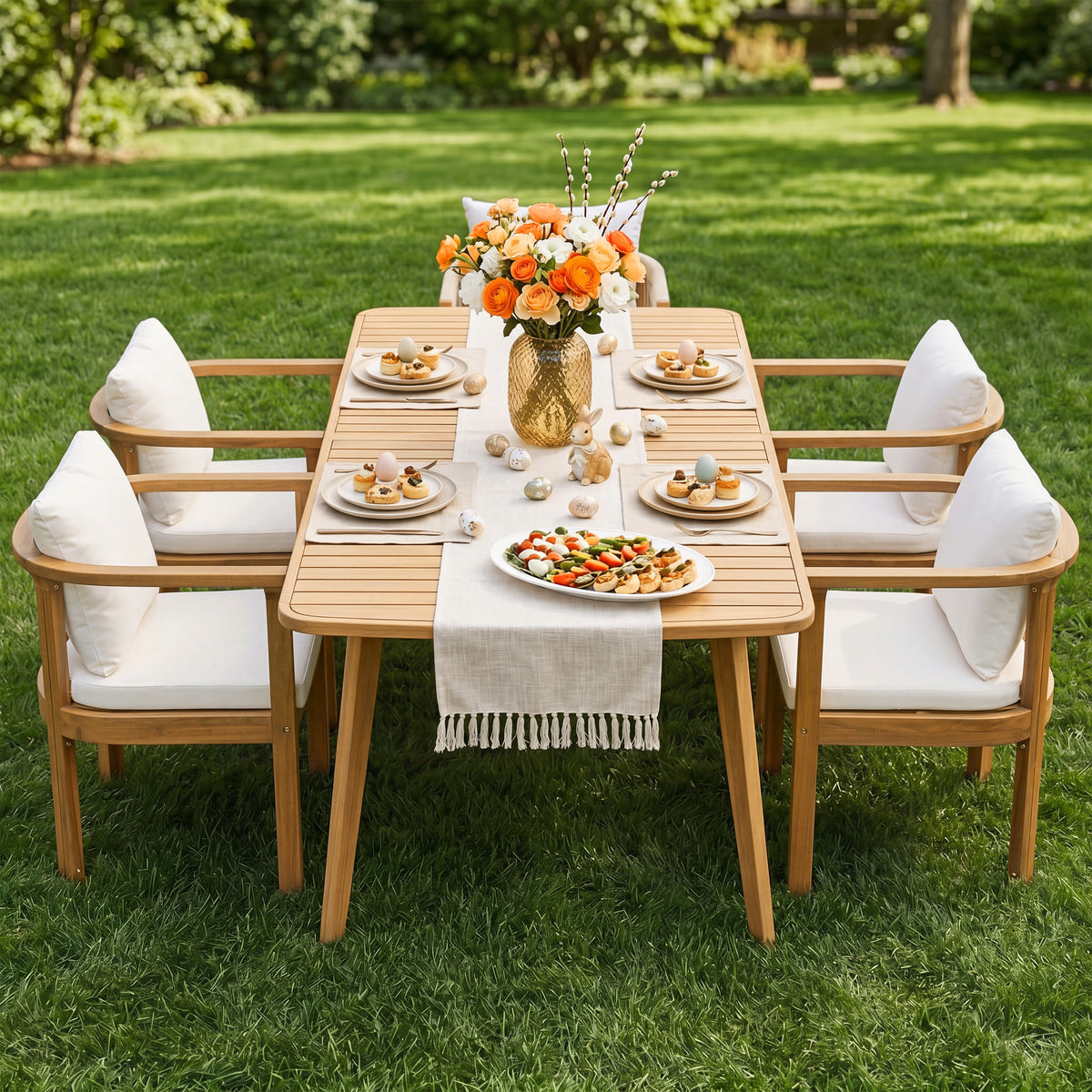 Teak Finish Solid Wood Outdoor Dining Chair, Set of 4, Curved