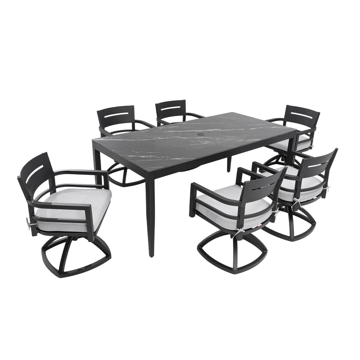 Black Aluminum 7-Piece Patio Dining Set for 6 with Cushions, Swivel