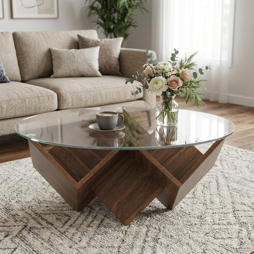 Walnut Round Glass-Top Geometric Coffee Table with Storage, 35.4 in