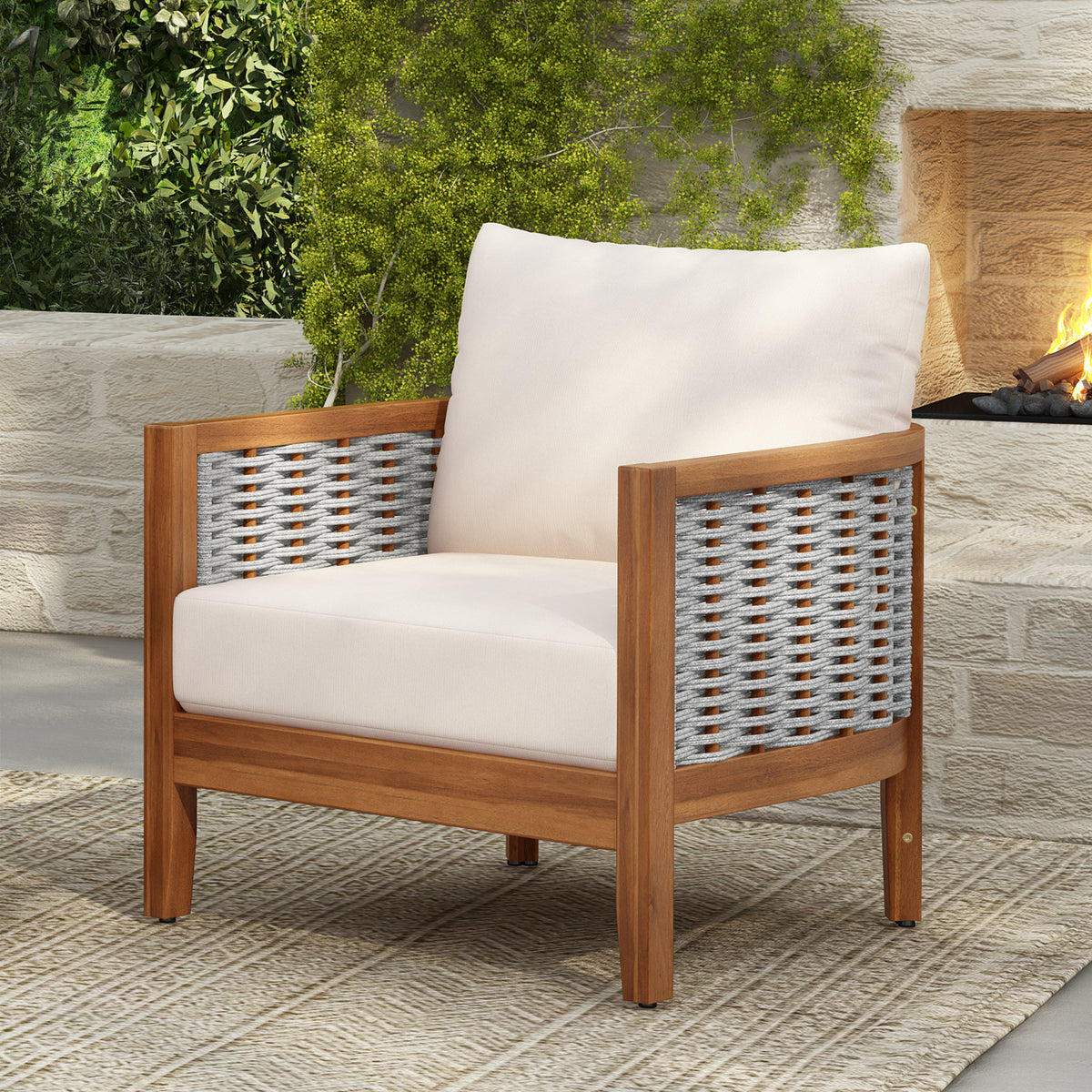 Teak Finish Solid Wood Outdoor Lounge Chair with Beige Cushions, with Arms