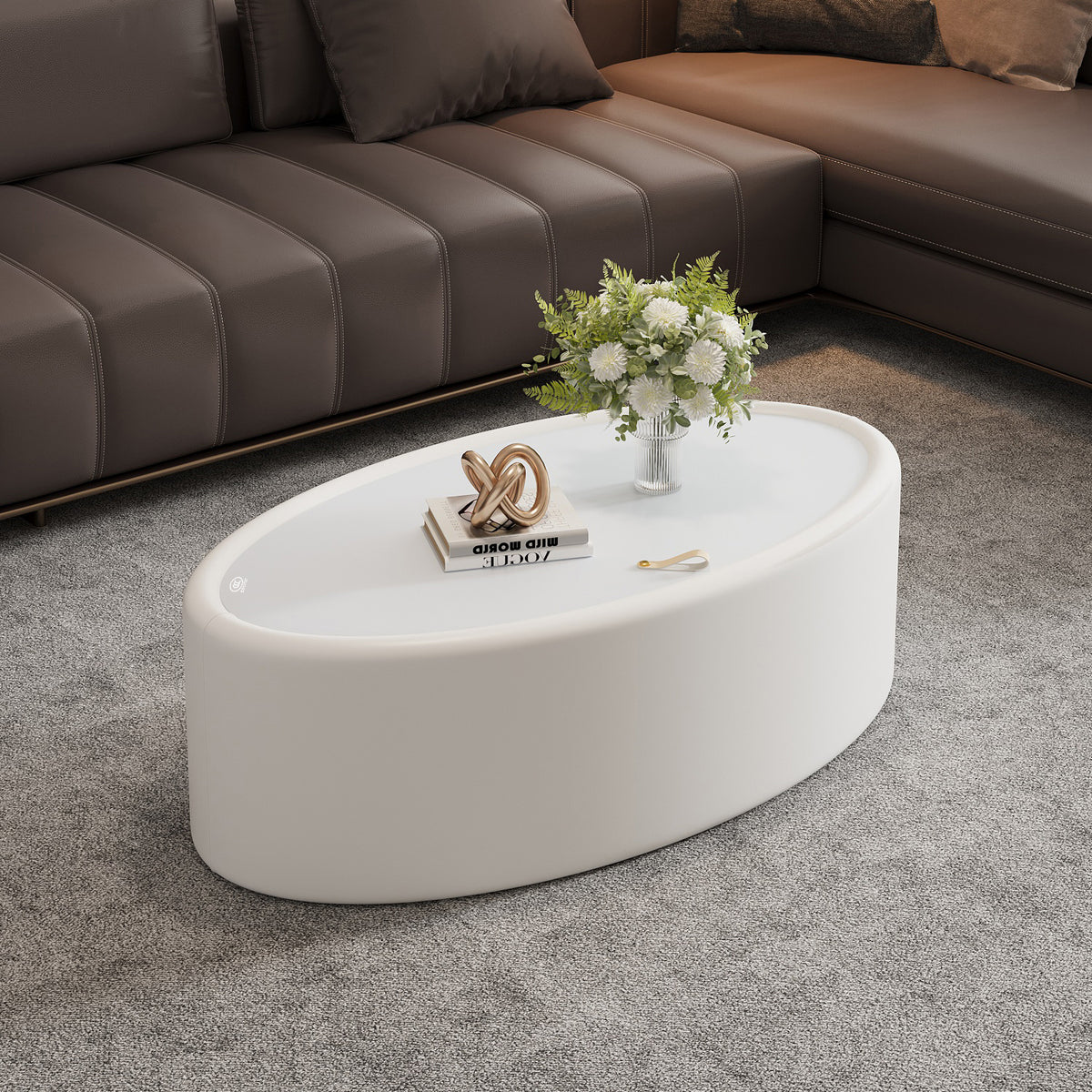 White Upholstered Oval Glass-Top Coffee Table with Storage, 33.5 in