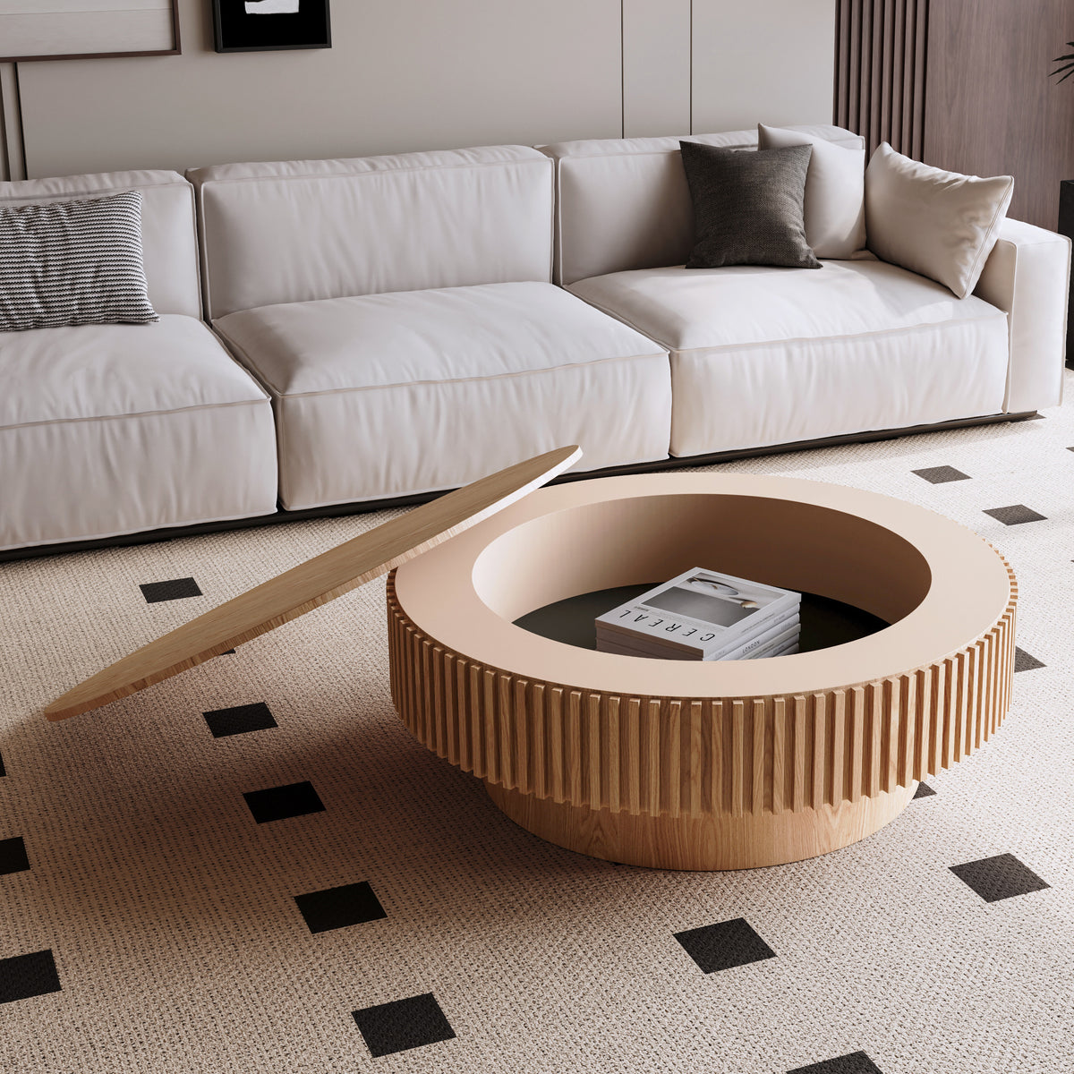Natural Fluted Round Coffee Table with Storage, 39.4 in