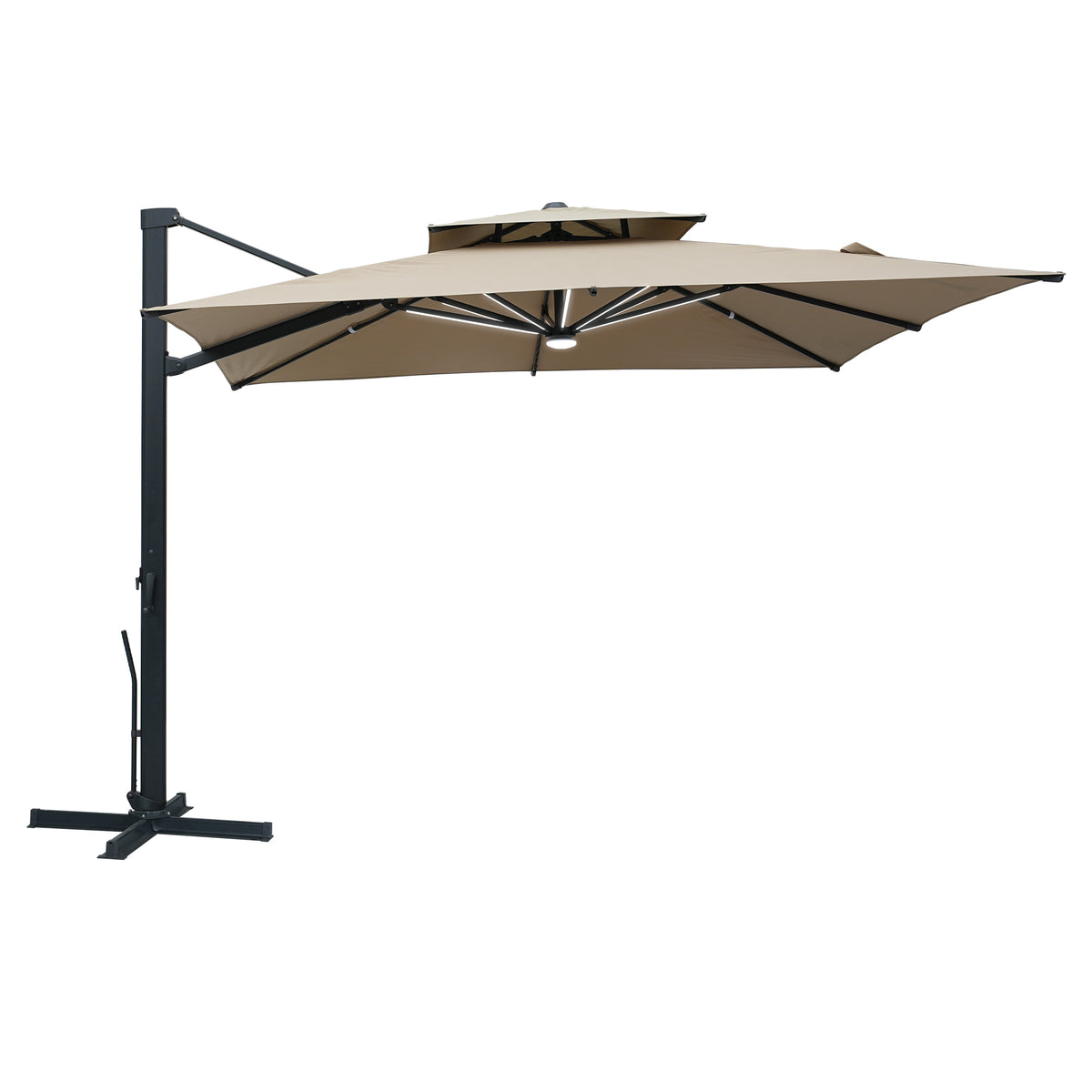 10x10 ft Khaki Metal Cantilever Patio Umbrella with LED Lights