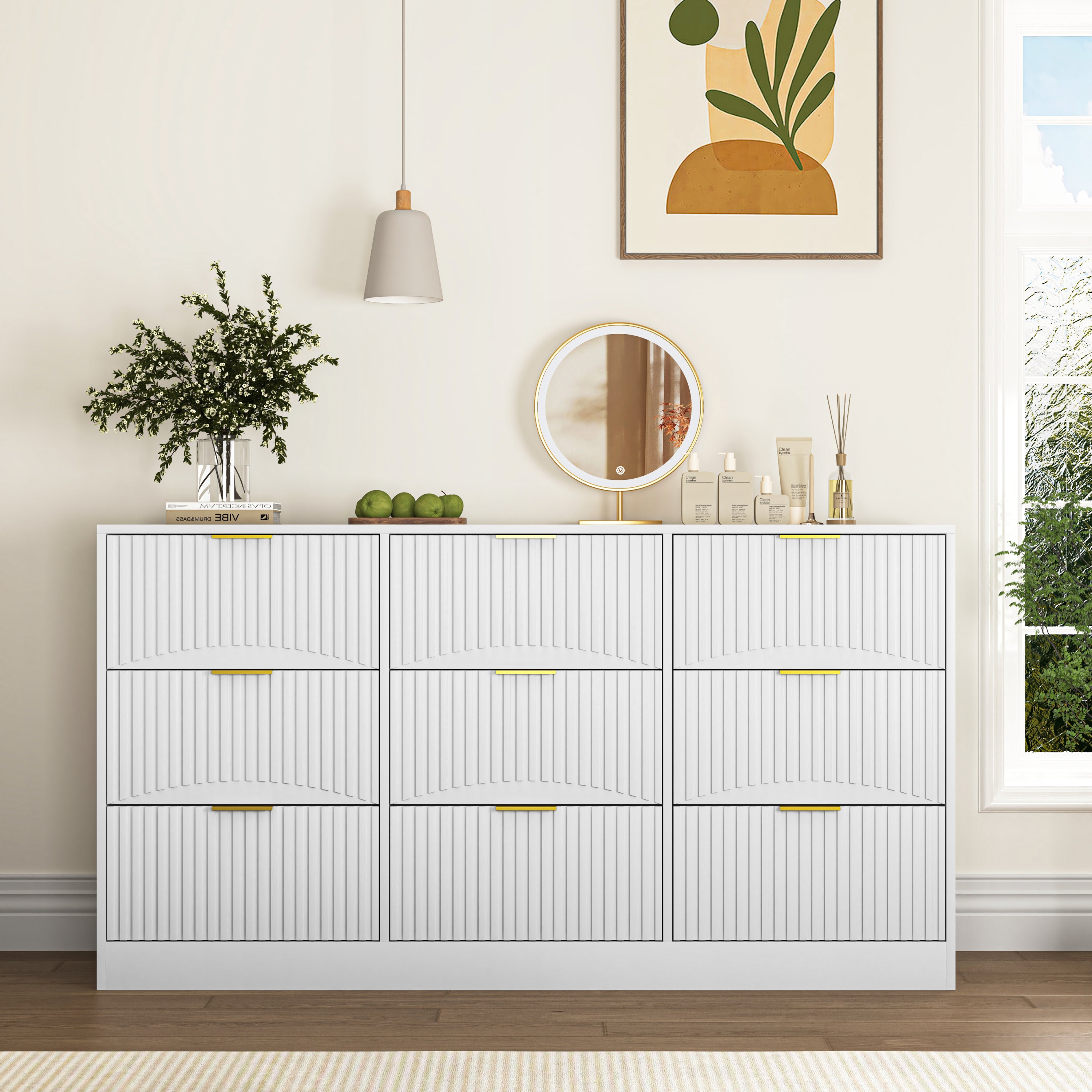 9 Drawer Dresser, 63in Wide with Wavy Drawer Fronts, White