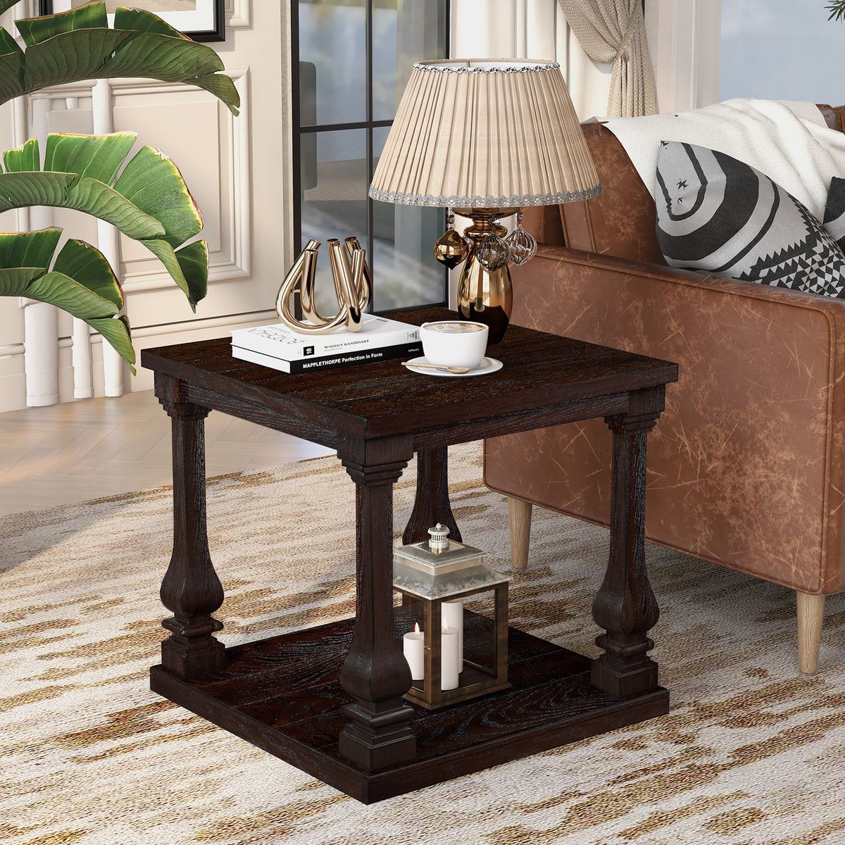 Espresso Farmhouse Baluster Leg Square Side Table with Shelf, 24.8 in