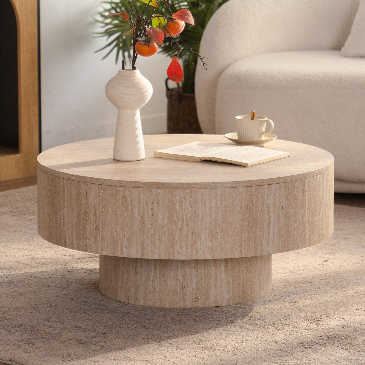 Beige Travertine-Look Round Drum Coffee Table with Storage, 27.6 in