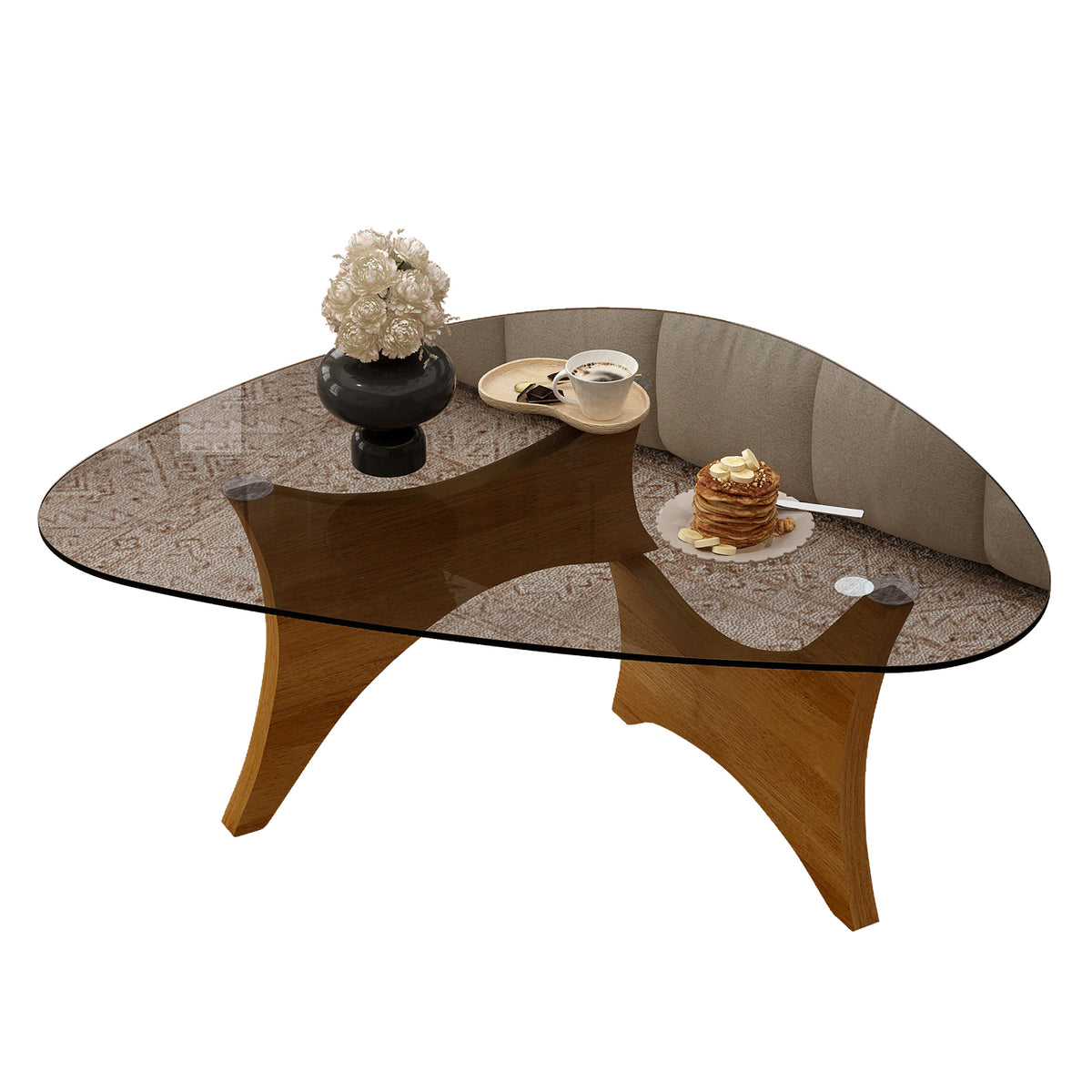 Walnut Mid-Century Glass-Top Pebble Coffee Table, 32.3 in, 16 in Tall