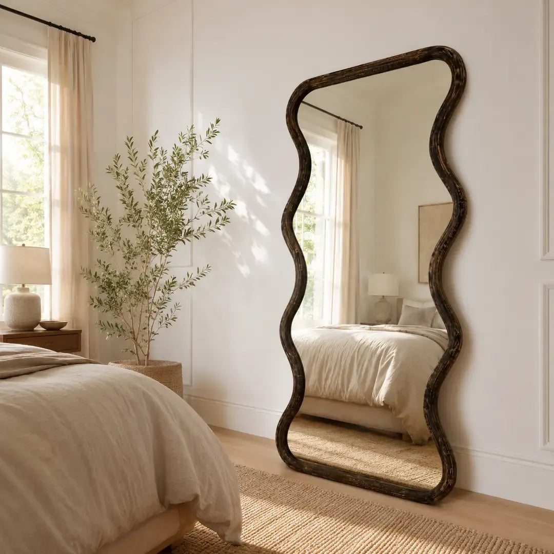 Wavy Full Length Wood Mirror, 36 x 72 in, Aged Brown