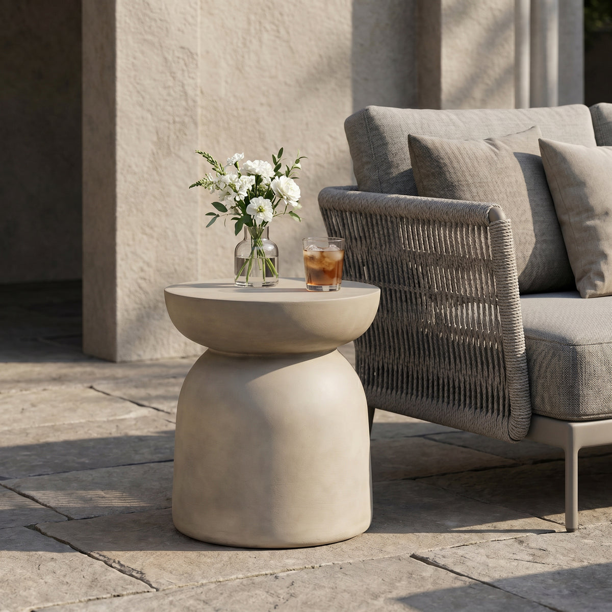 Light Gray Concrete Round Hourglass Side Table, 15.8 in