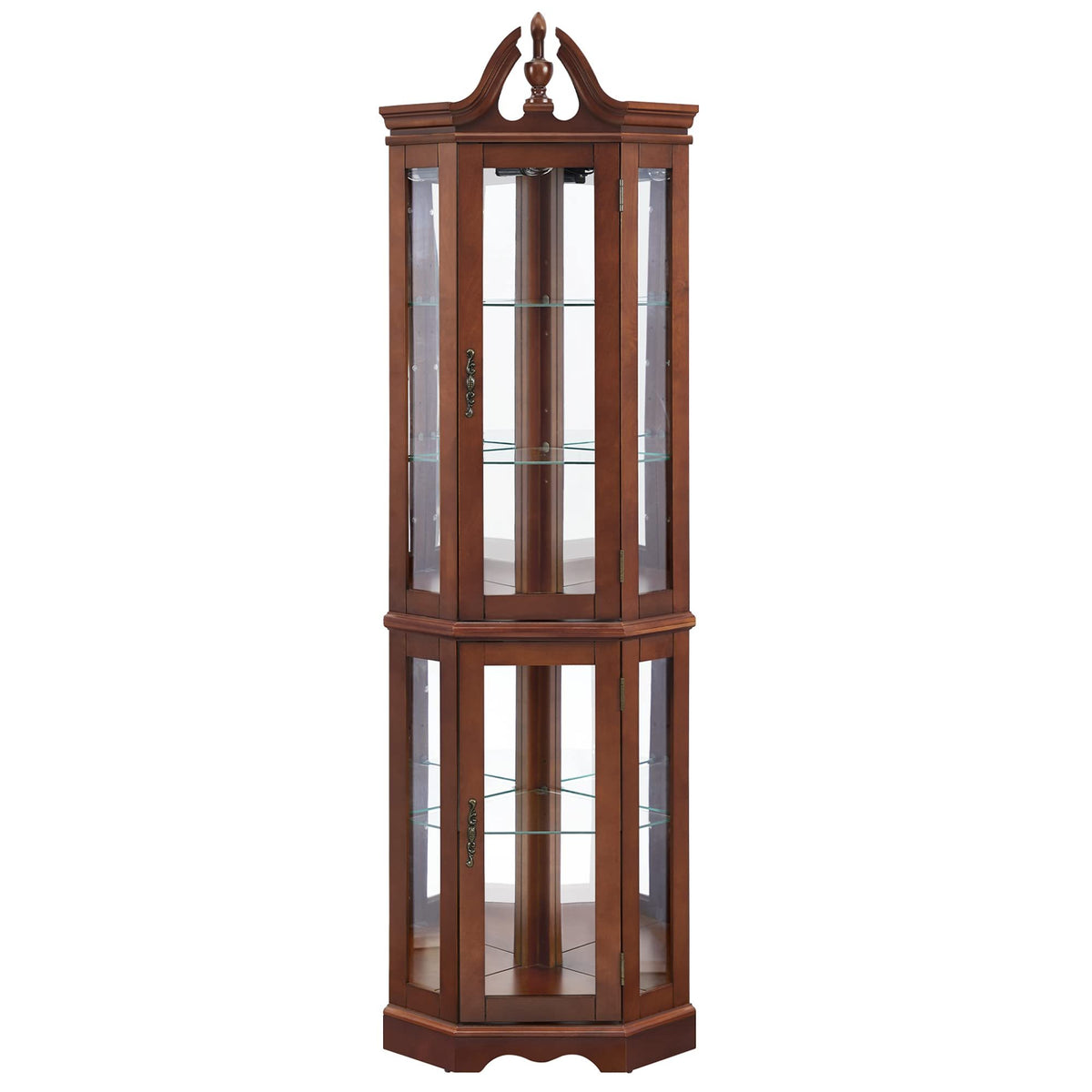 Walnut Corner Curio Display Cabinet, Lighted with Glass Doors