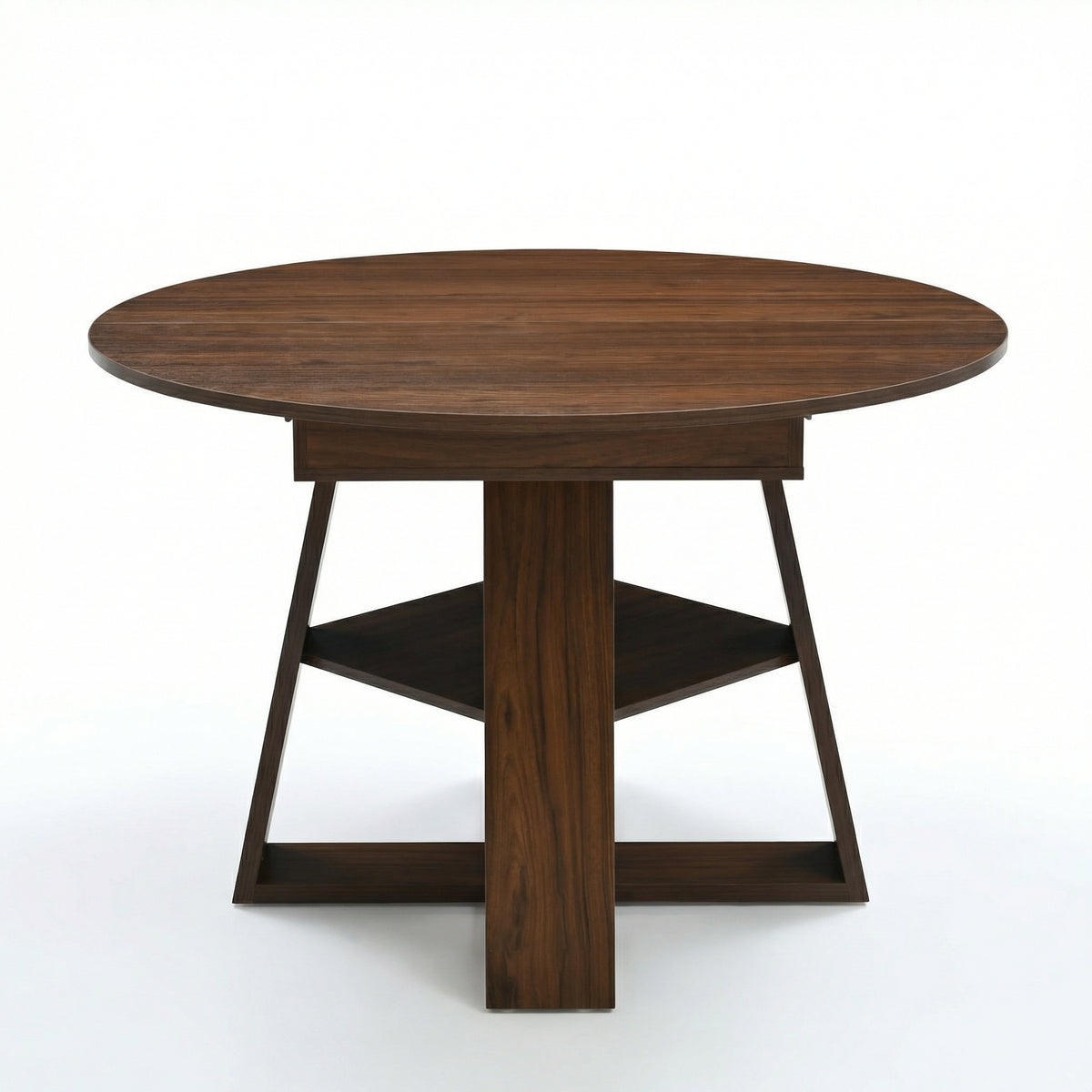 Front studio view of the walnut round table with cross pedestal base and lower shelf