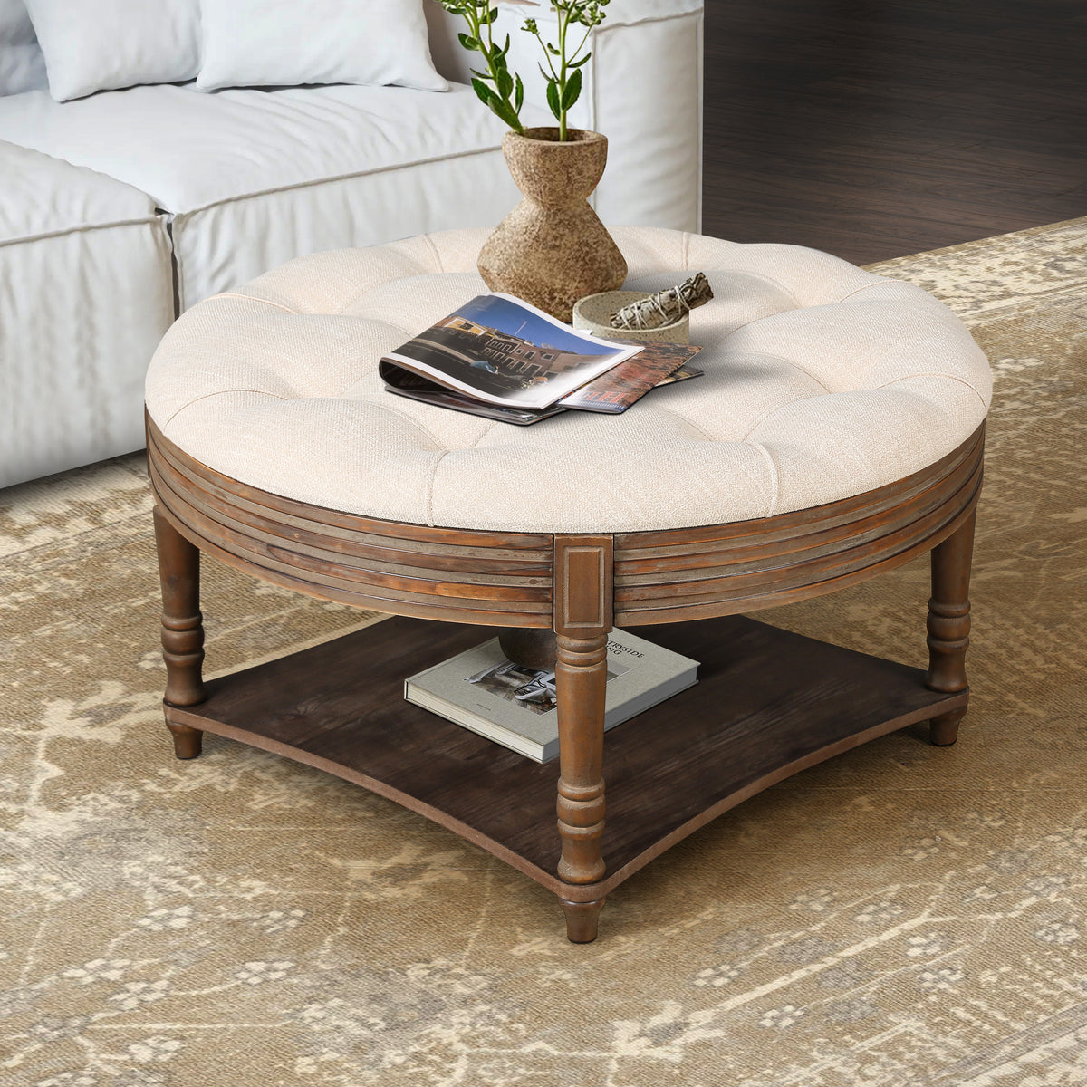 Beige Linen Round Tufted Storage Ottoman, Coffee Table, 31.5 in