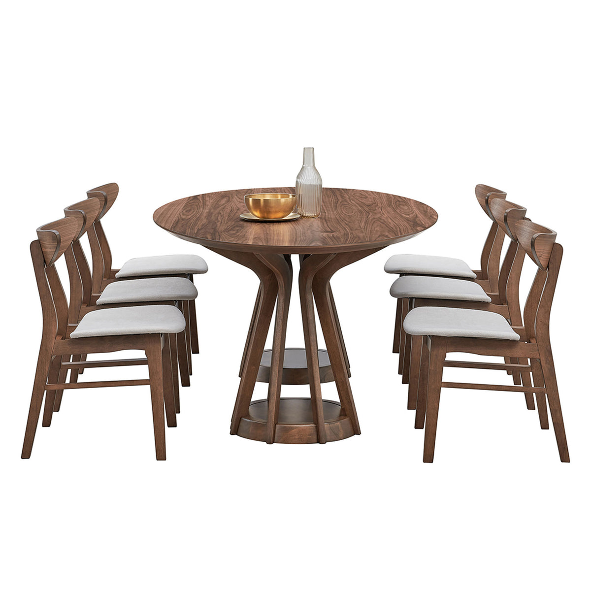Walnut oval pedestal dining set with four chairs under a chandelier in a room