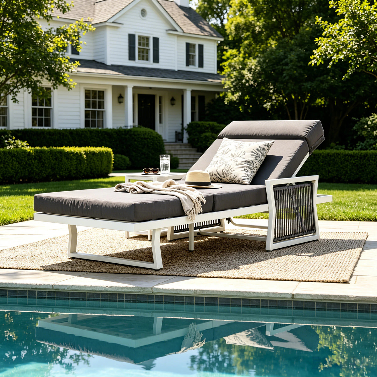 White Metal Adjustable Outdoor Chaise Lounge, Dark Gray Cushion, 4-Fold Cushion