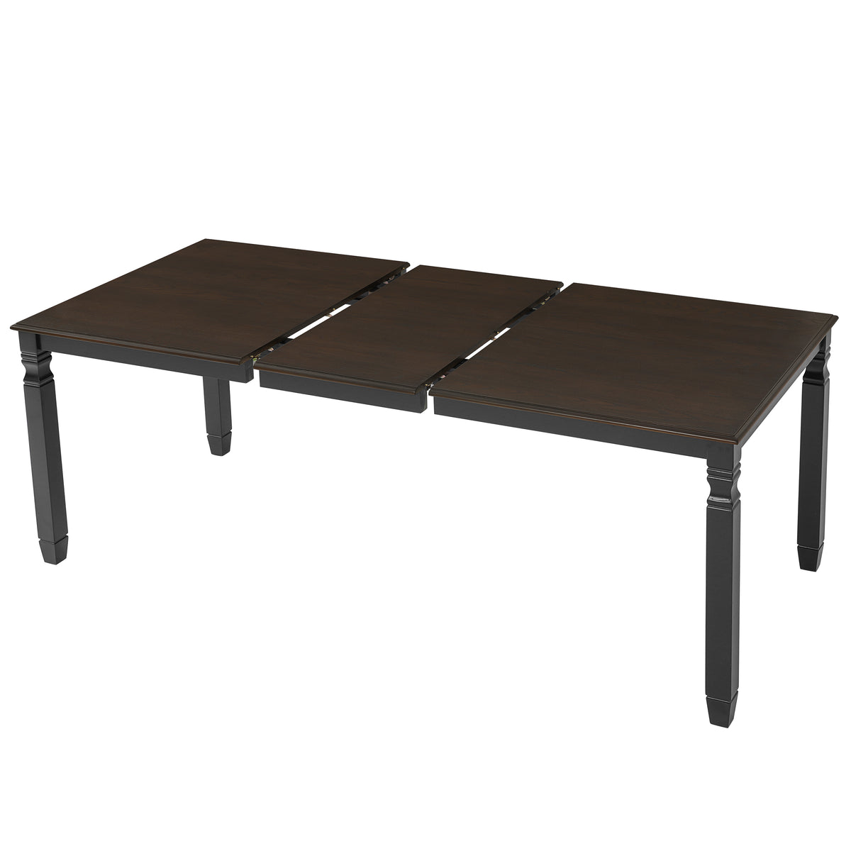 Espresso farmhouse dining table pulled apart into three panels, extension open, plain white background