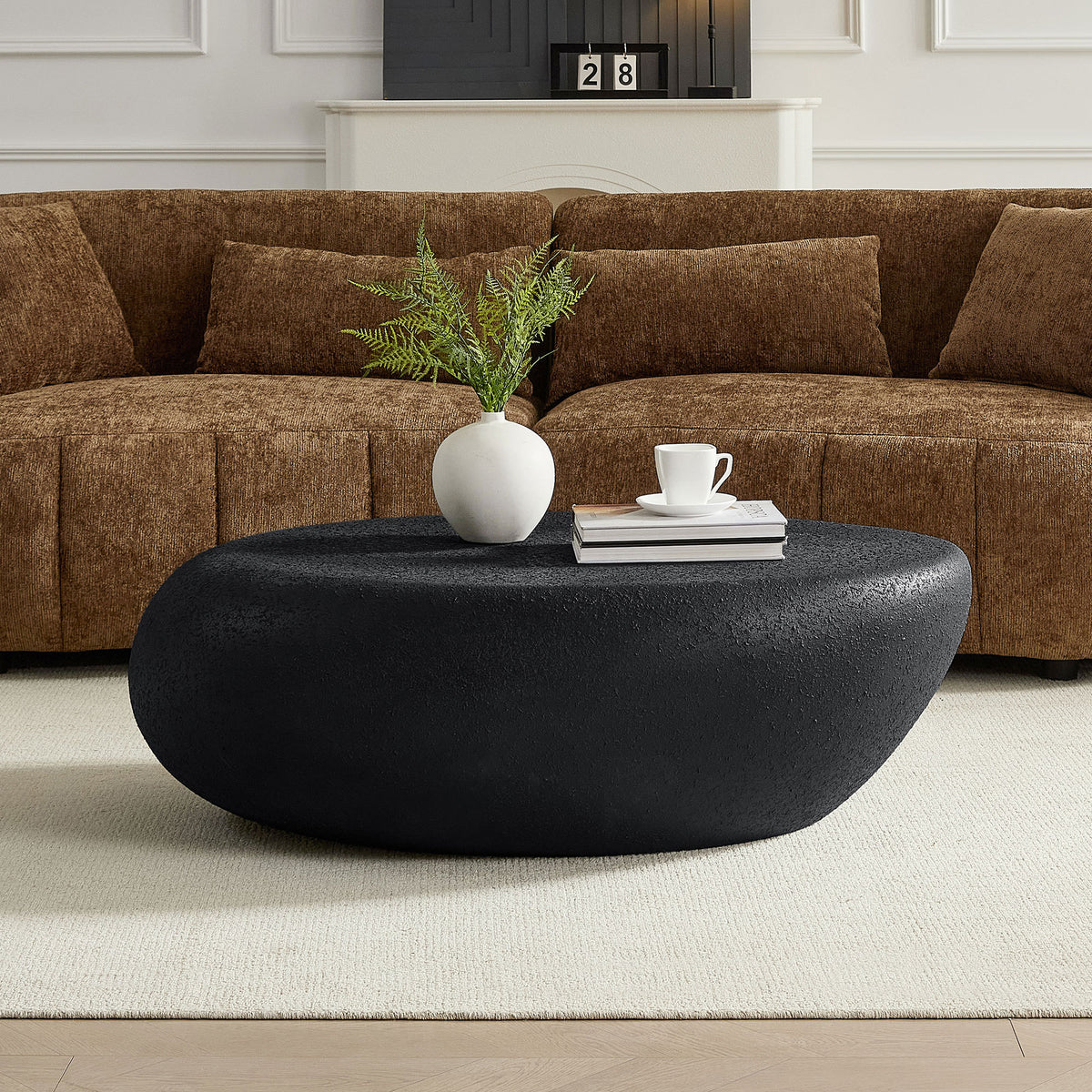 Black Fiberglass Stone-Look Pebble Coffee Table, 43.3 in