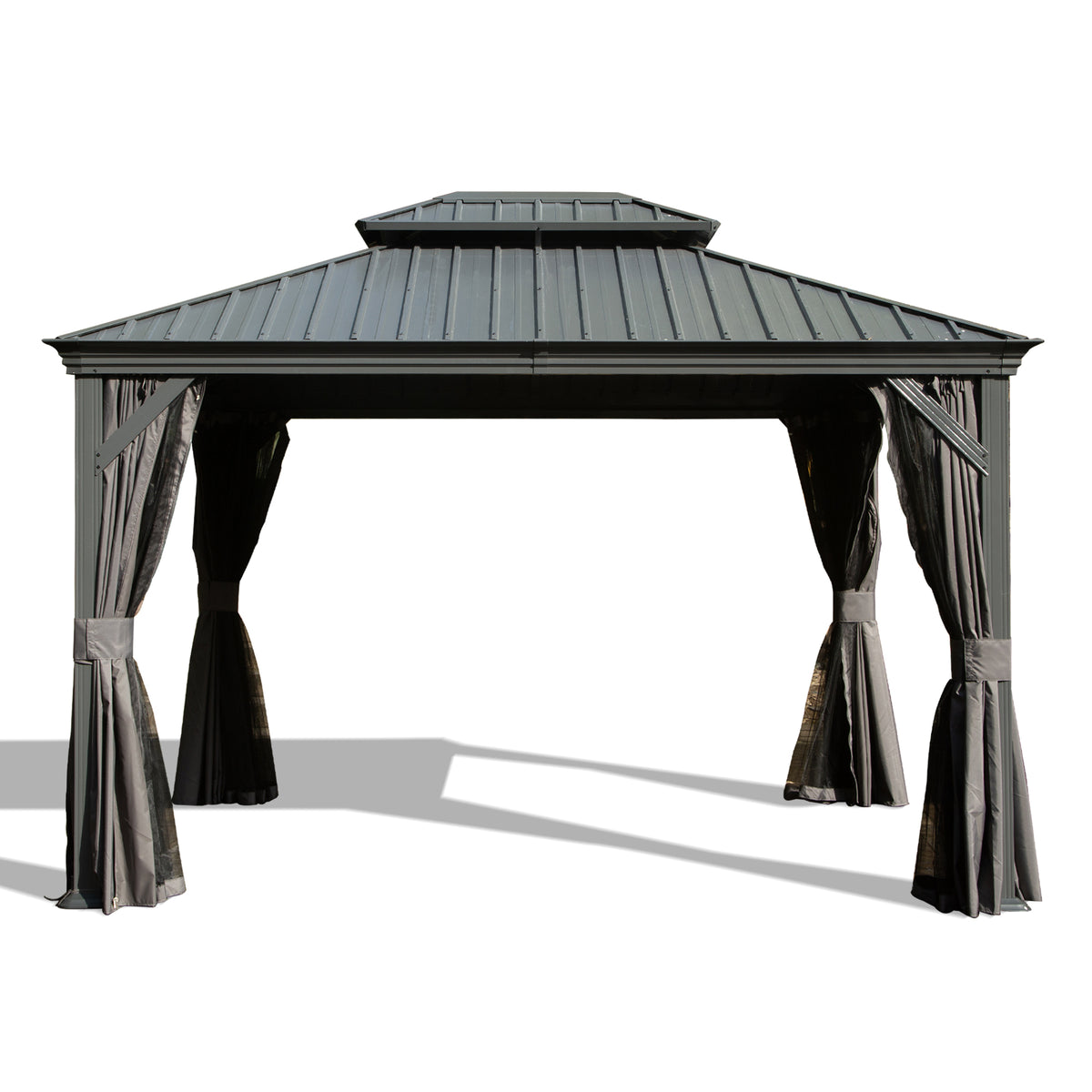 12x14 ft Gray Hardtop Gazebo with Netting and Curtains