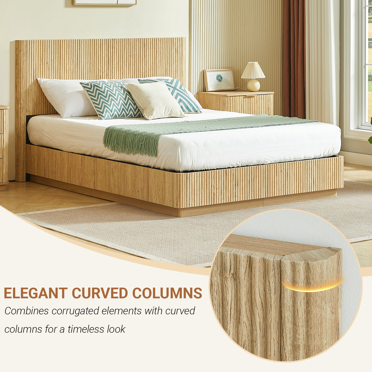 Angled light oak fluted queen bed with inset closeup of a curved column corner and LED strip