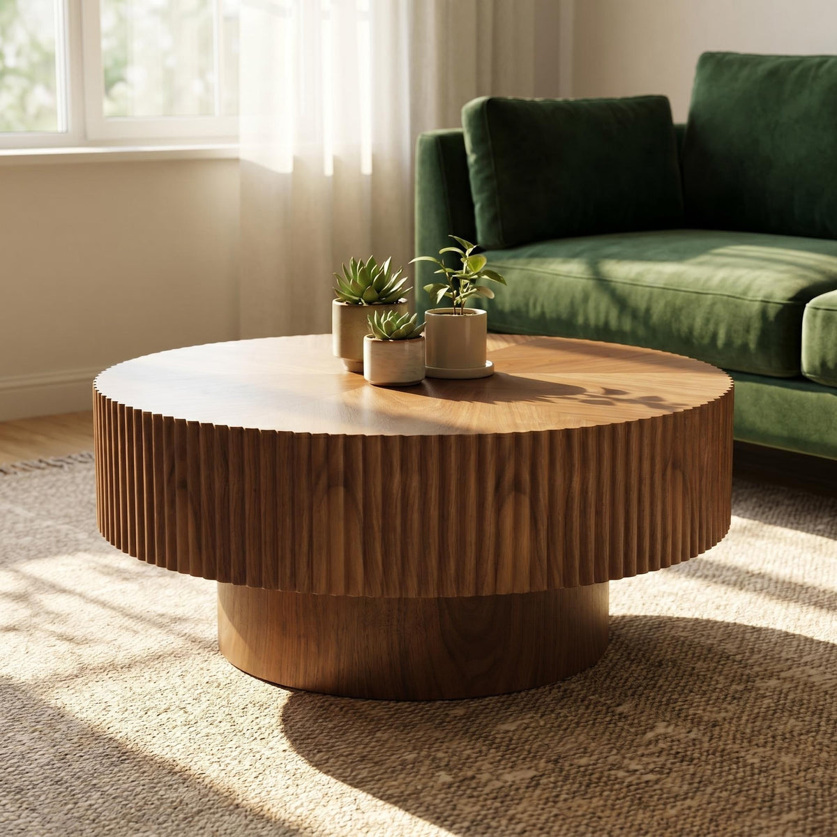 Walnut Fluted Round Pedestal Coffee Table, 31.5 in