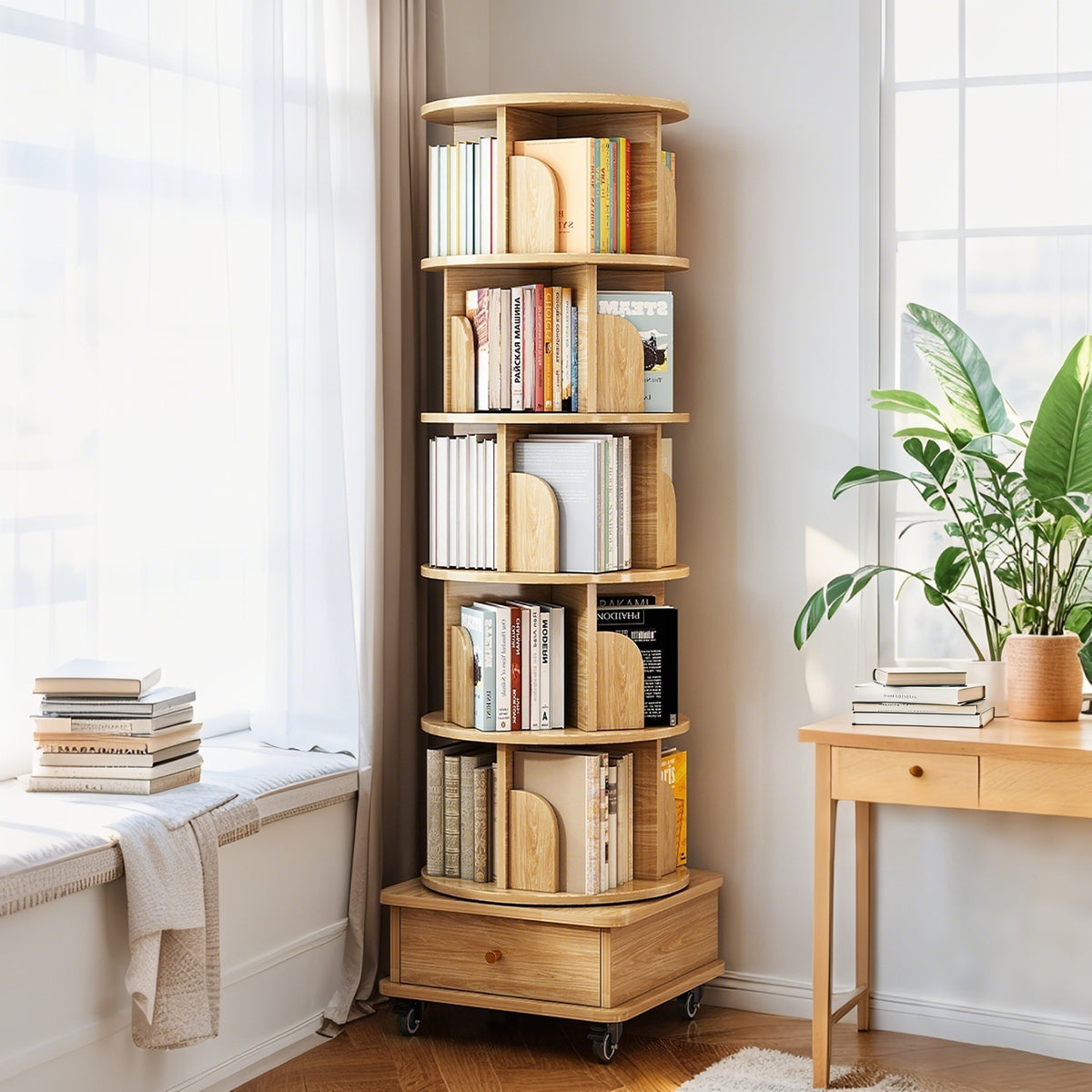 Rustic Bookcase, 6 Shelves, Rolling, 68.1 in Tall