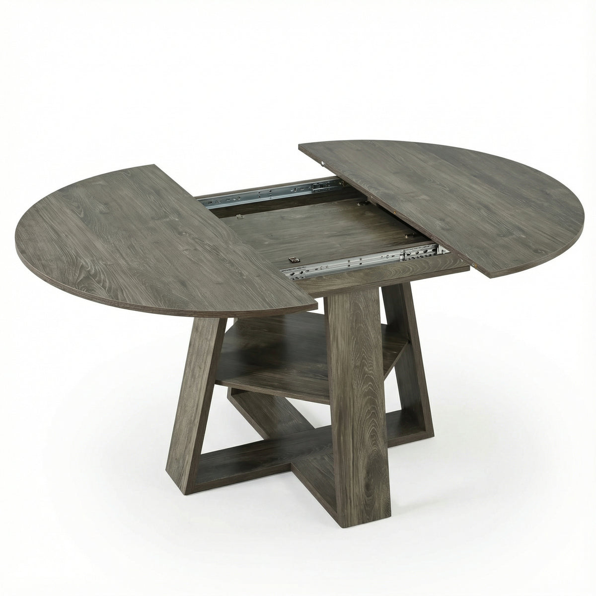 Studio view of the gray tabletop split apart to show the metal slide rails