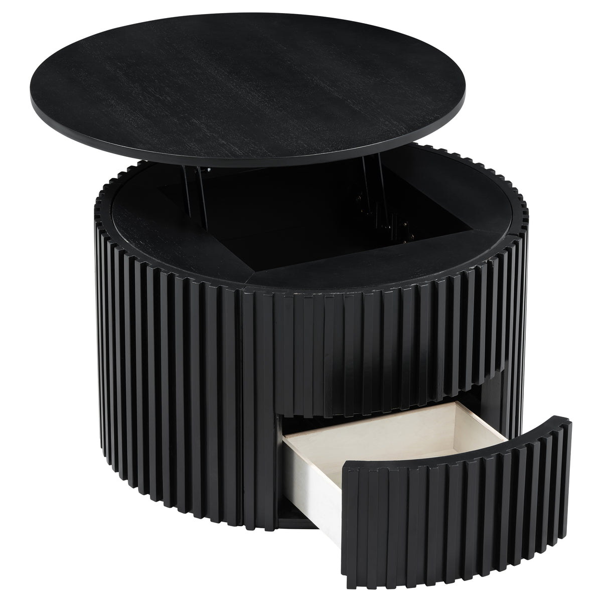 Black Fluted Round Drum Lift-Top Coffee Table with Drawer, 29.8 in