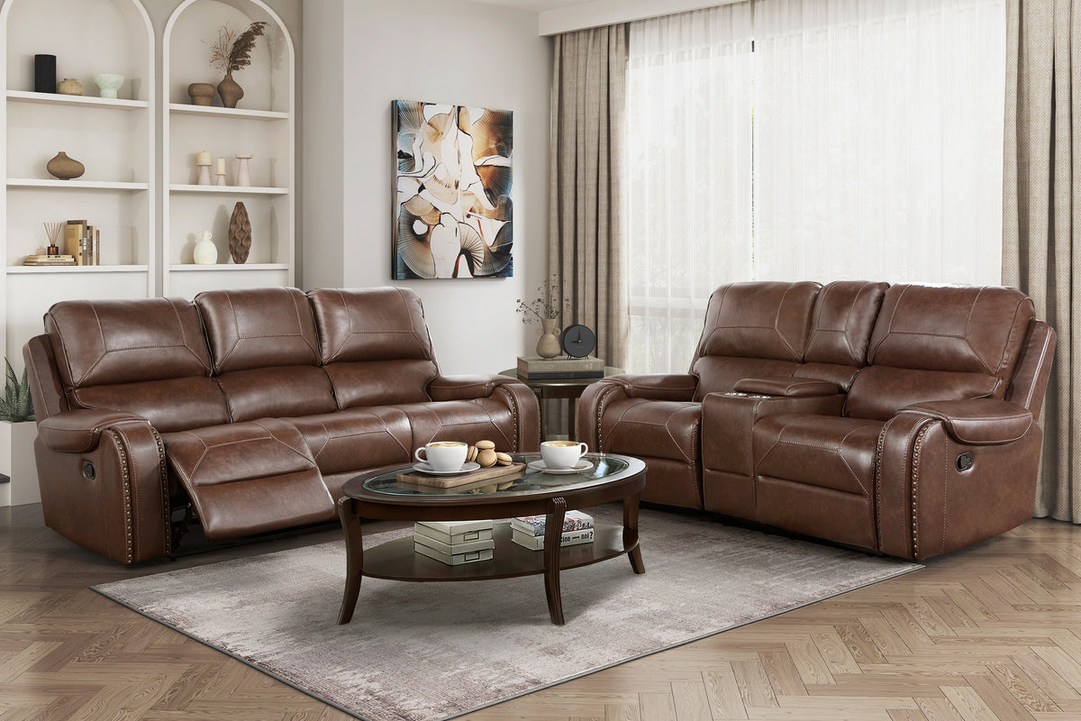 Brown Vegan Leather Reclining Sofa and Loveseat Set, USB Charging