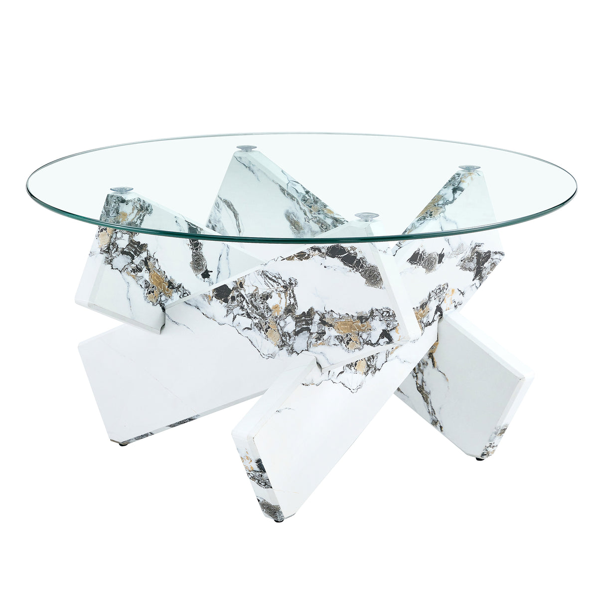 White Marble-Look Glass-Top Round Coffee Table, 33.4 in